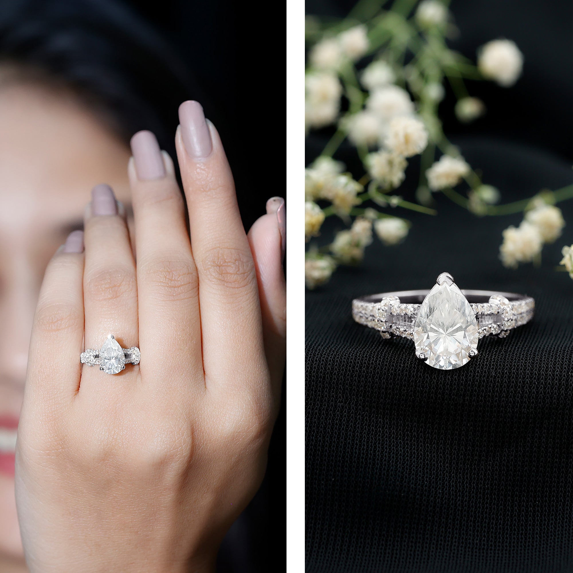 Pear Shaped Moissanite Solitaire Engagement Ring in Split Shank D-VS1 - Rosec Jewels