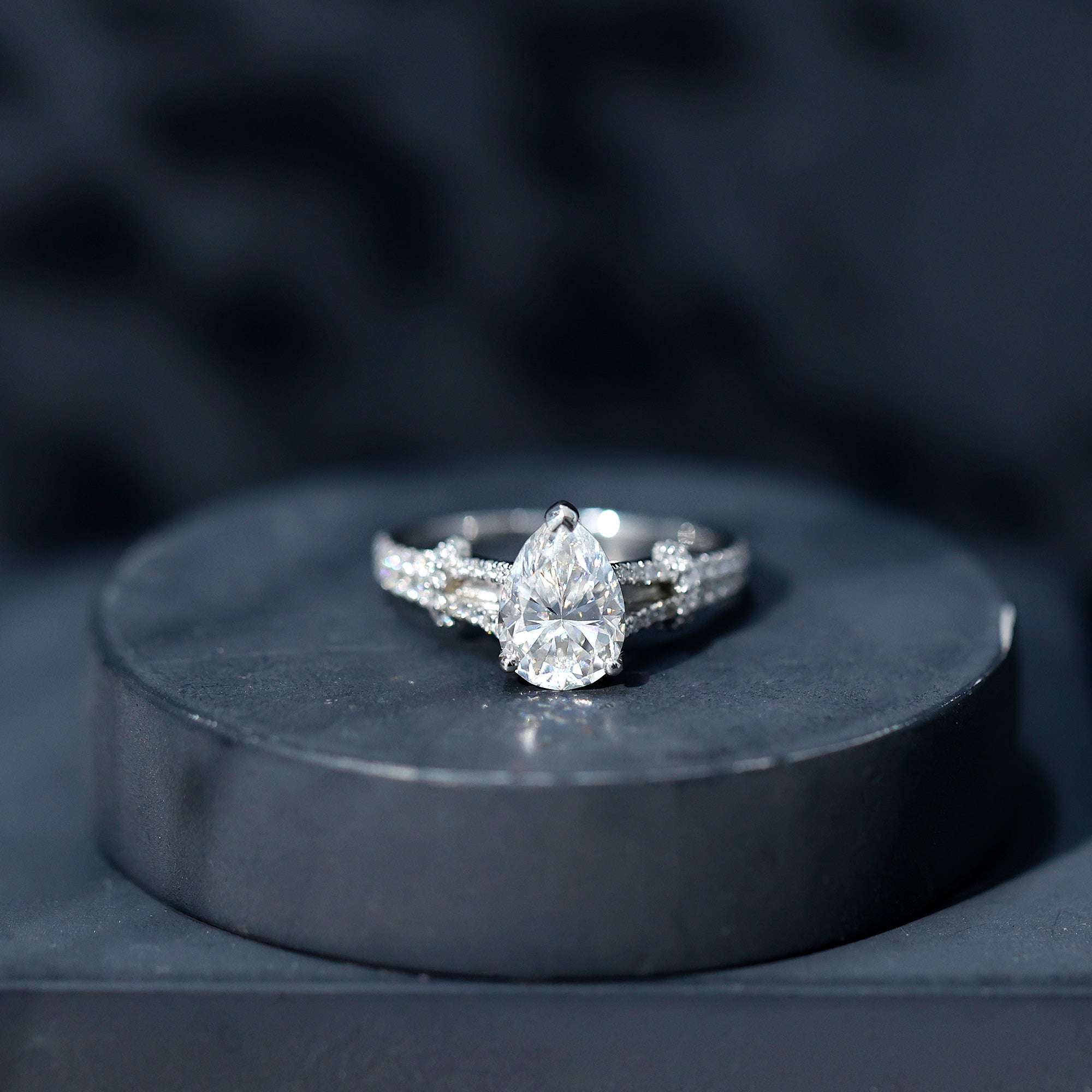 Pear Shaped Moissanite Solitaire Engagement Ring in Split Shank D-VS1 - Rosec Jewels