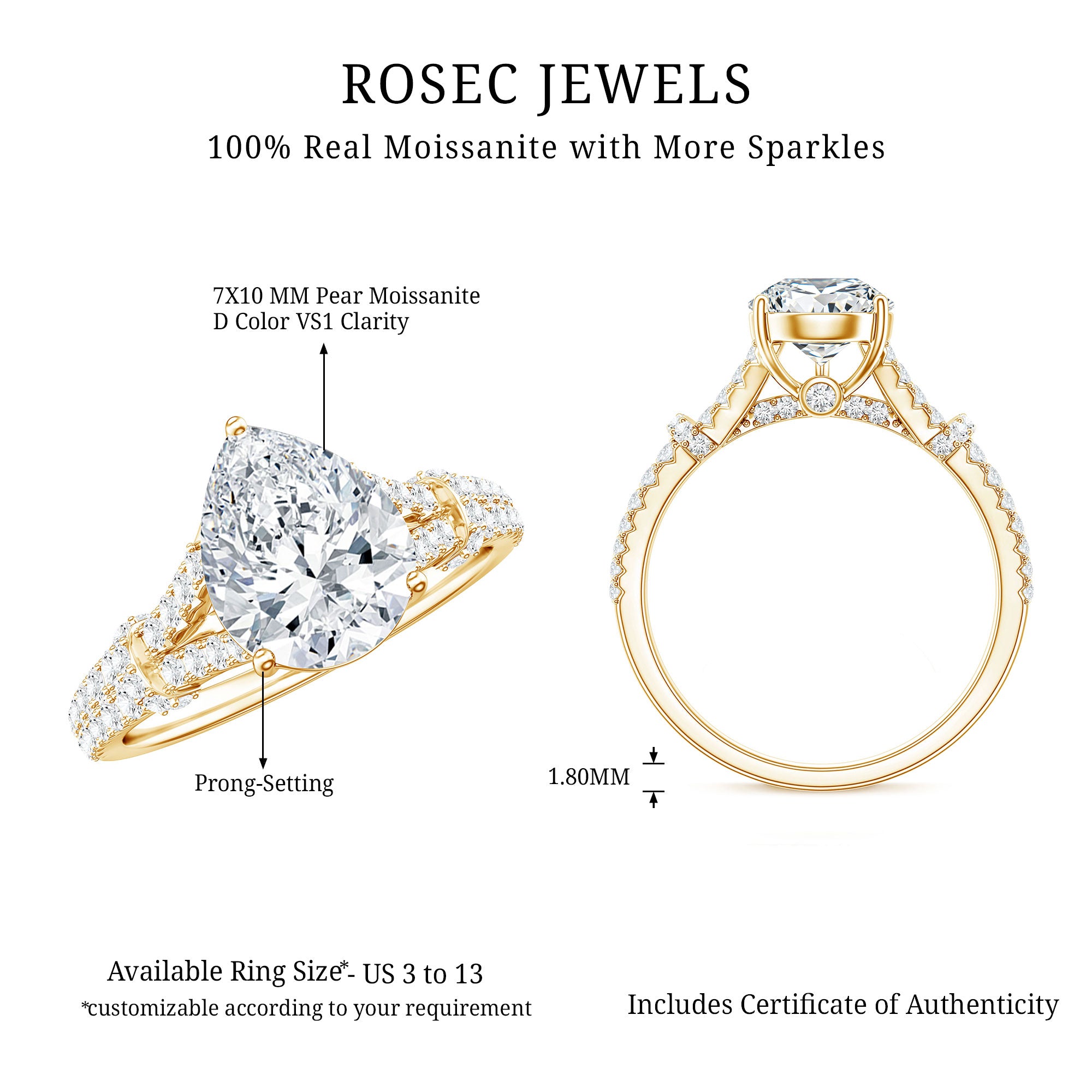 Pear Shaped Moissanite Solitaire Engagement Ring in Split Shank D-VS1 - Rosec Jewels