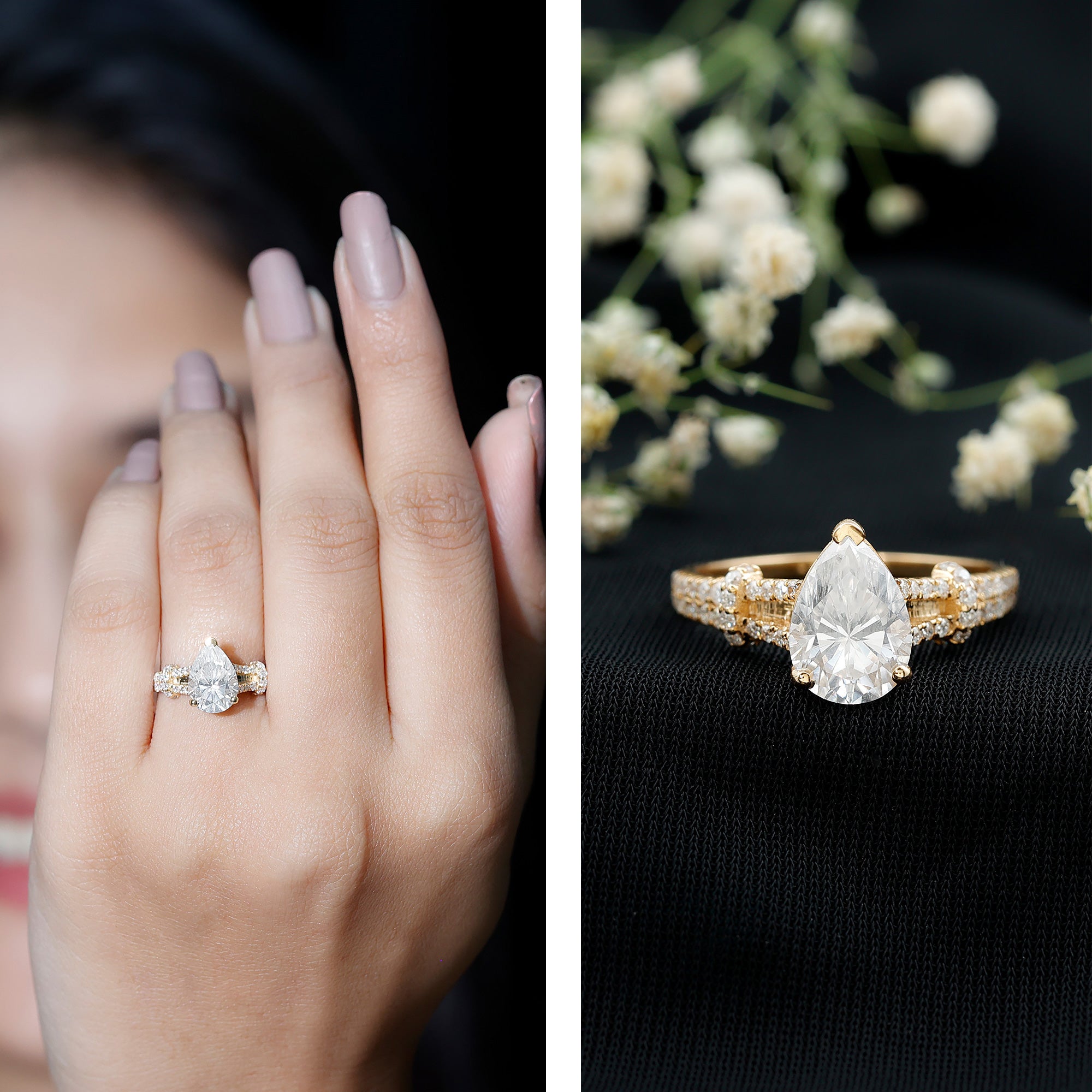 Pear Shaped Moissanite Solitaire Engagement Ring in Split Shank D-VS1 - Rosec Jewels