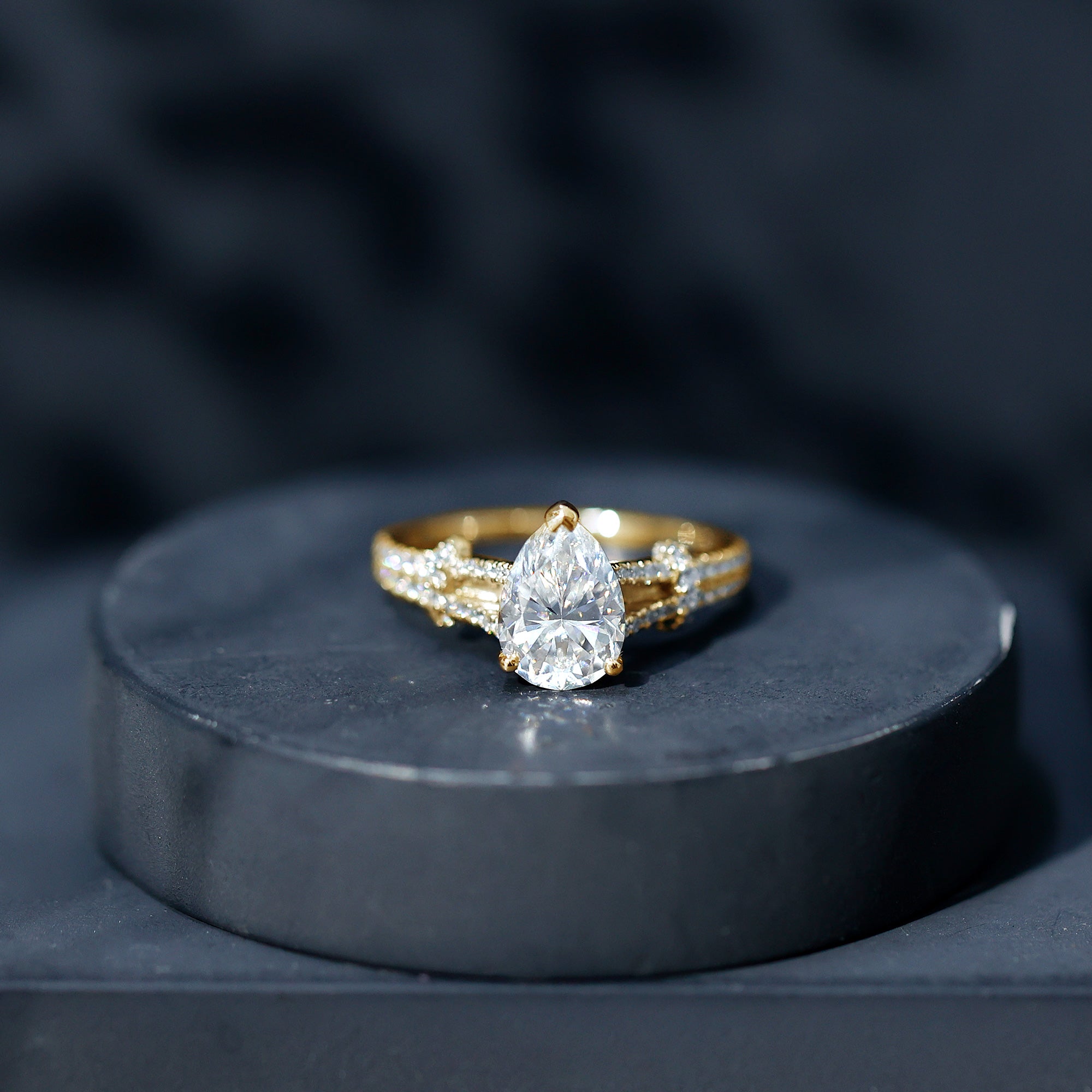 Pear Shaped Moissanite Solitaire Engagement Ring in Split Shank D-VS1 - Rosec Jewels
