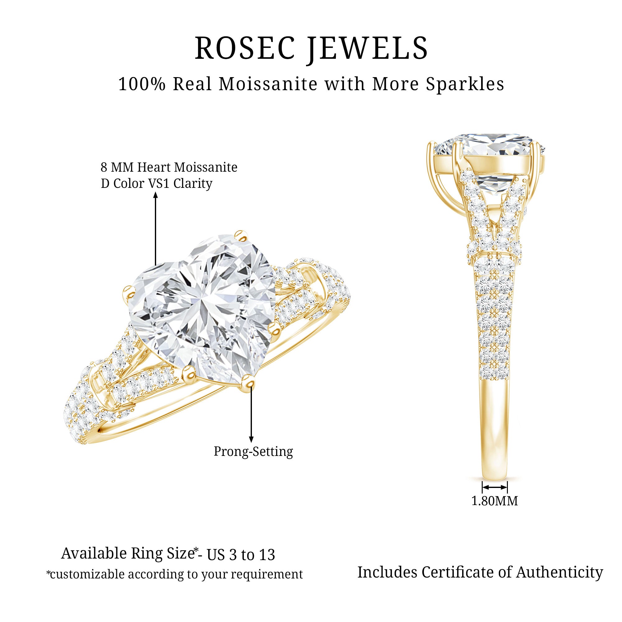 Rosec Jewels-Heart Shape Moissanite Solitaire Engagement Ring in Split Shank