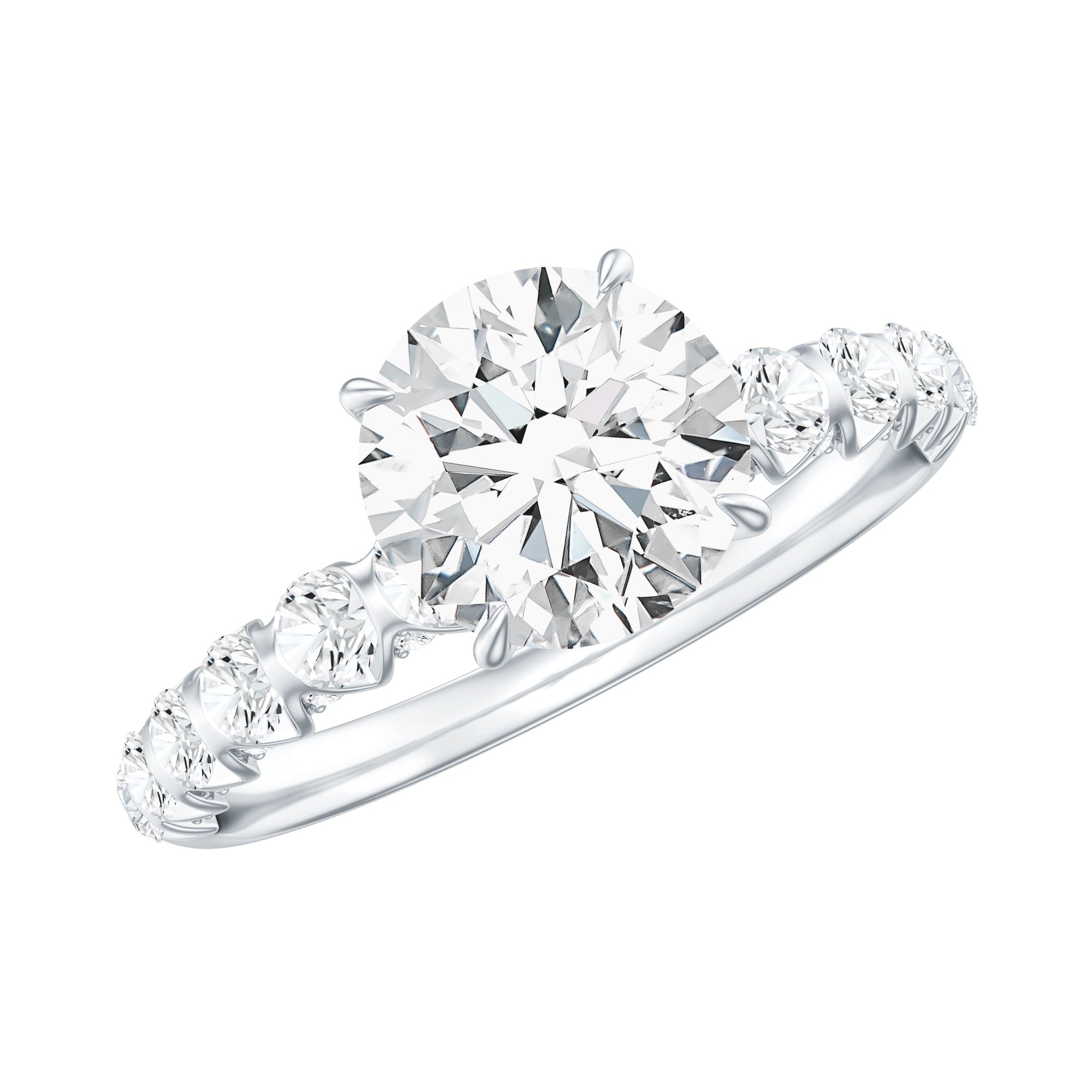 Round Cut Moissanite Solitaire Engagement Ring with Side Stones