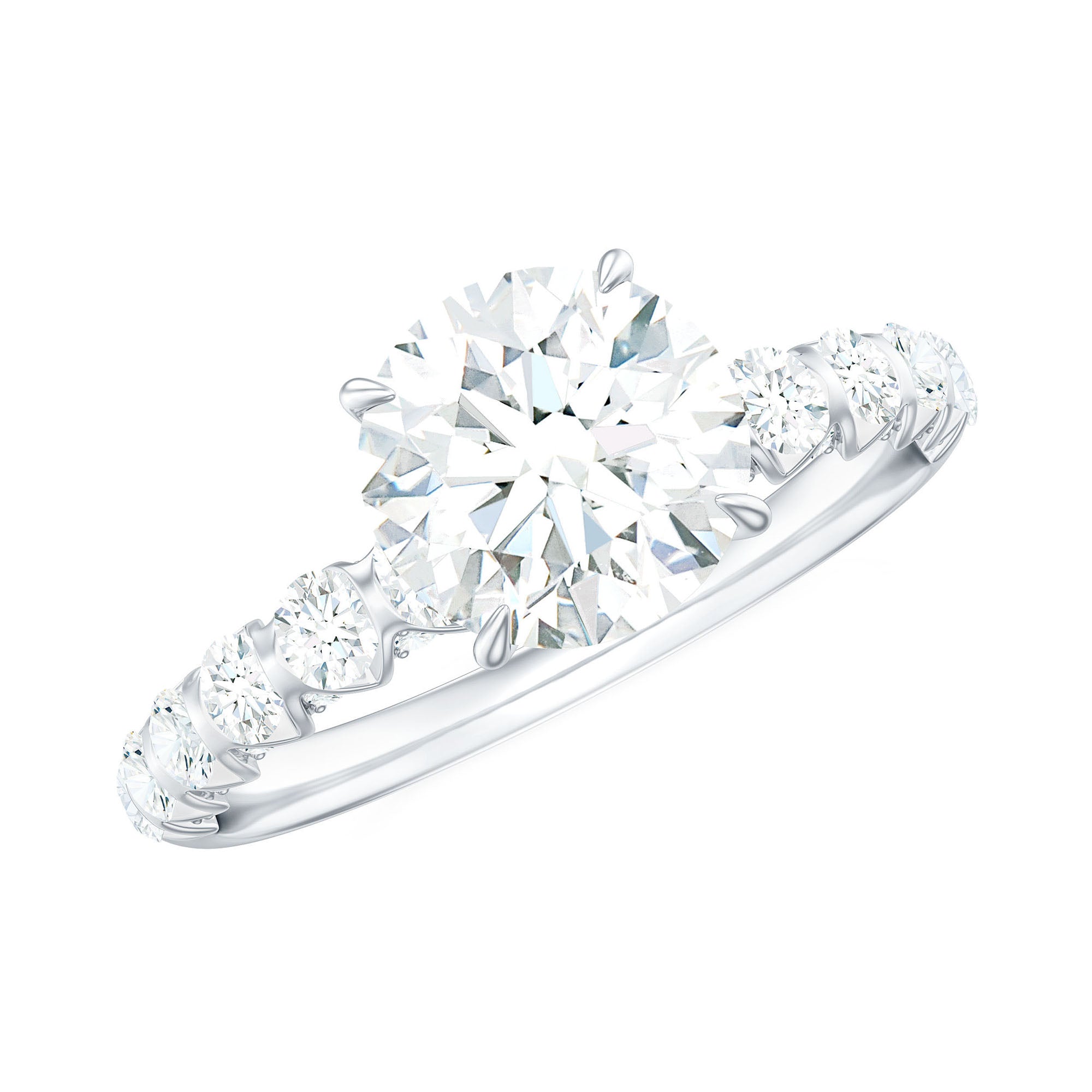 Rosec Jewels-Round Cut Moissanite Solitaire Engagement Ring with Side Stones
