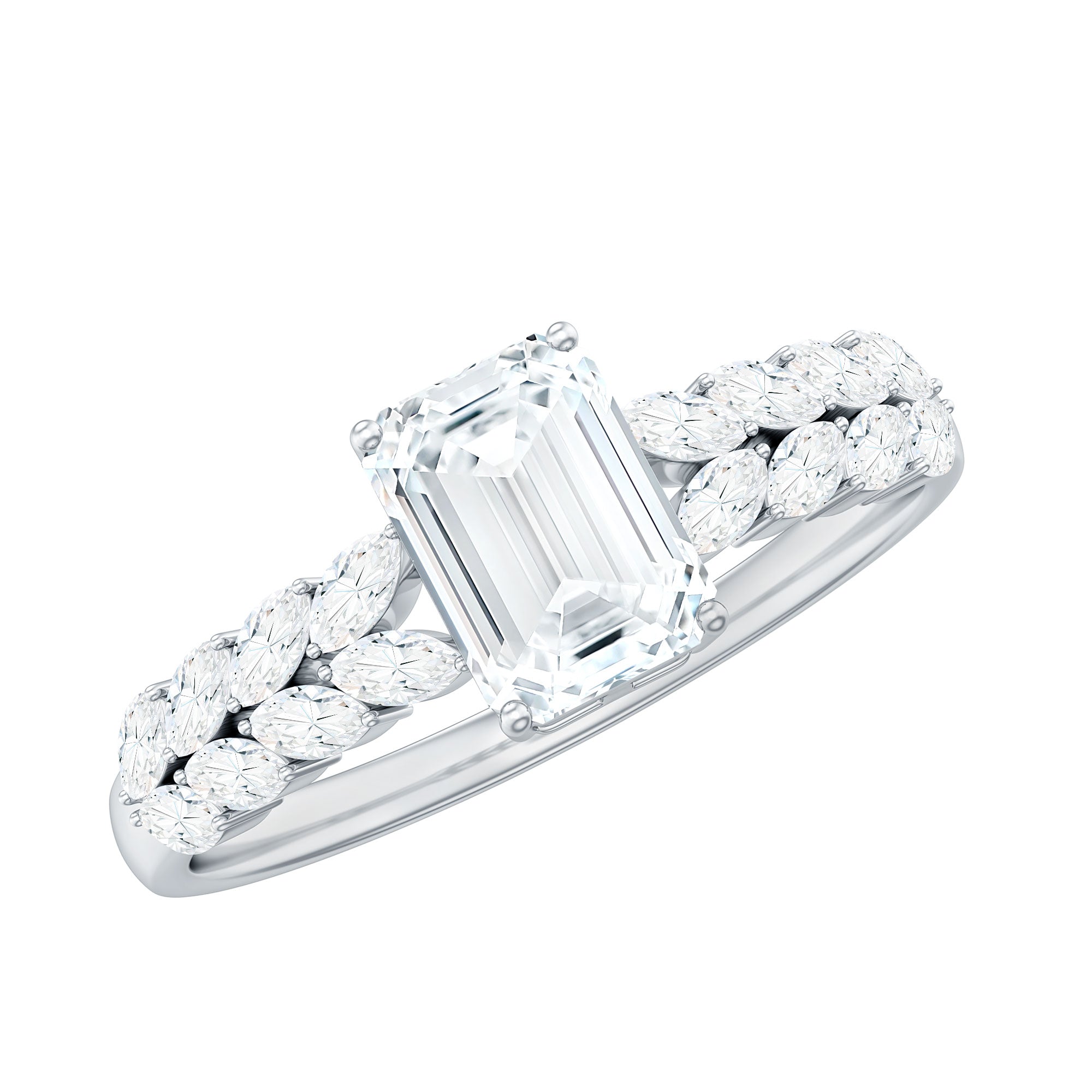 Certified Moissanite Emerald Cut Engagement Ring with Side Stones