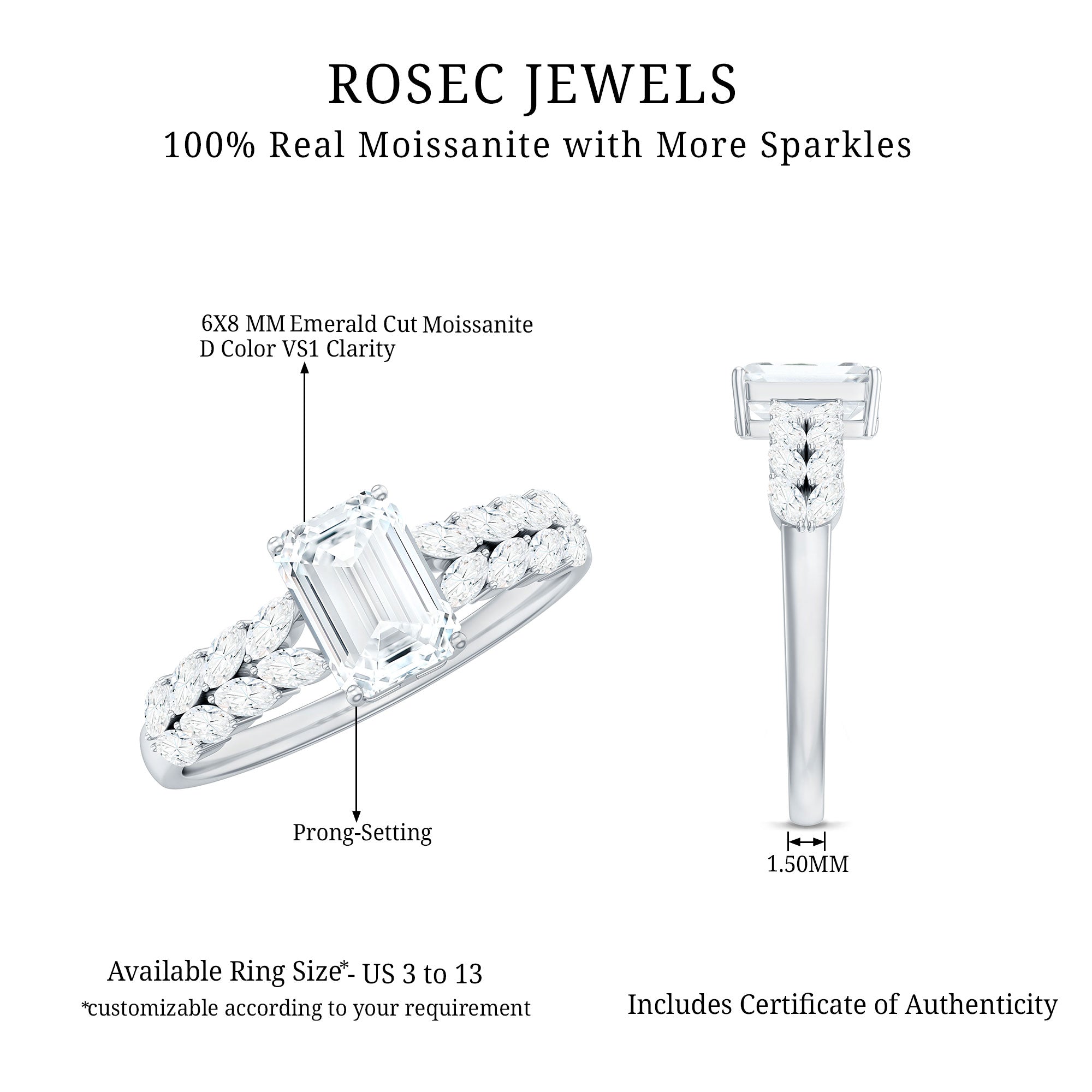 Certified Moissanite Emerald Cut Engagement Ring with Side Stones D-VS1 - Rosec Jewels