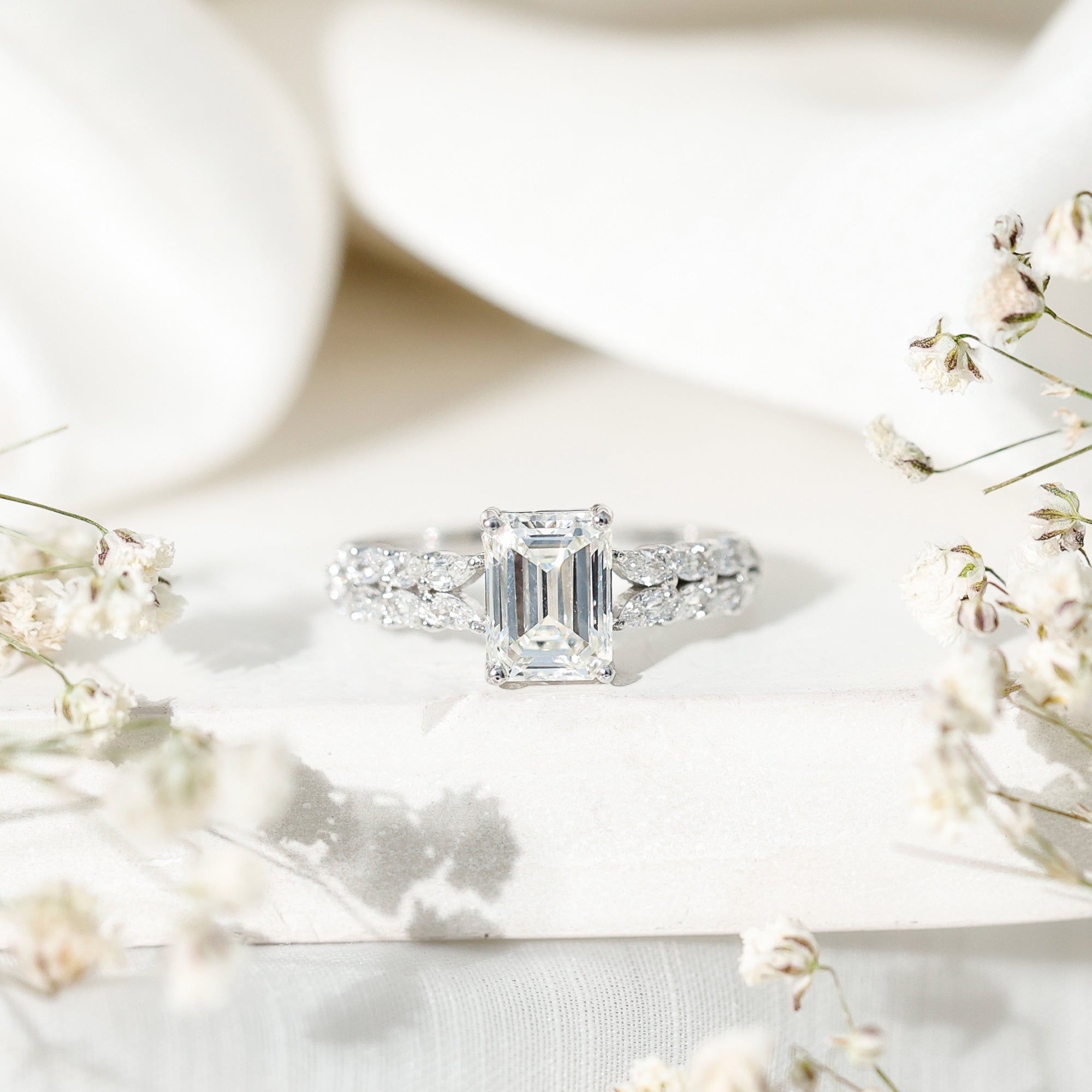 Certified Moissanite Emerald Cut Engagement Ring with Side Stones D-VS1 - Rosec Jewels