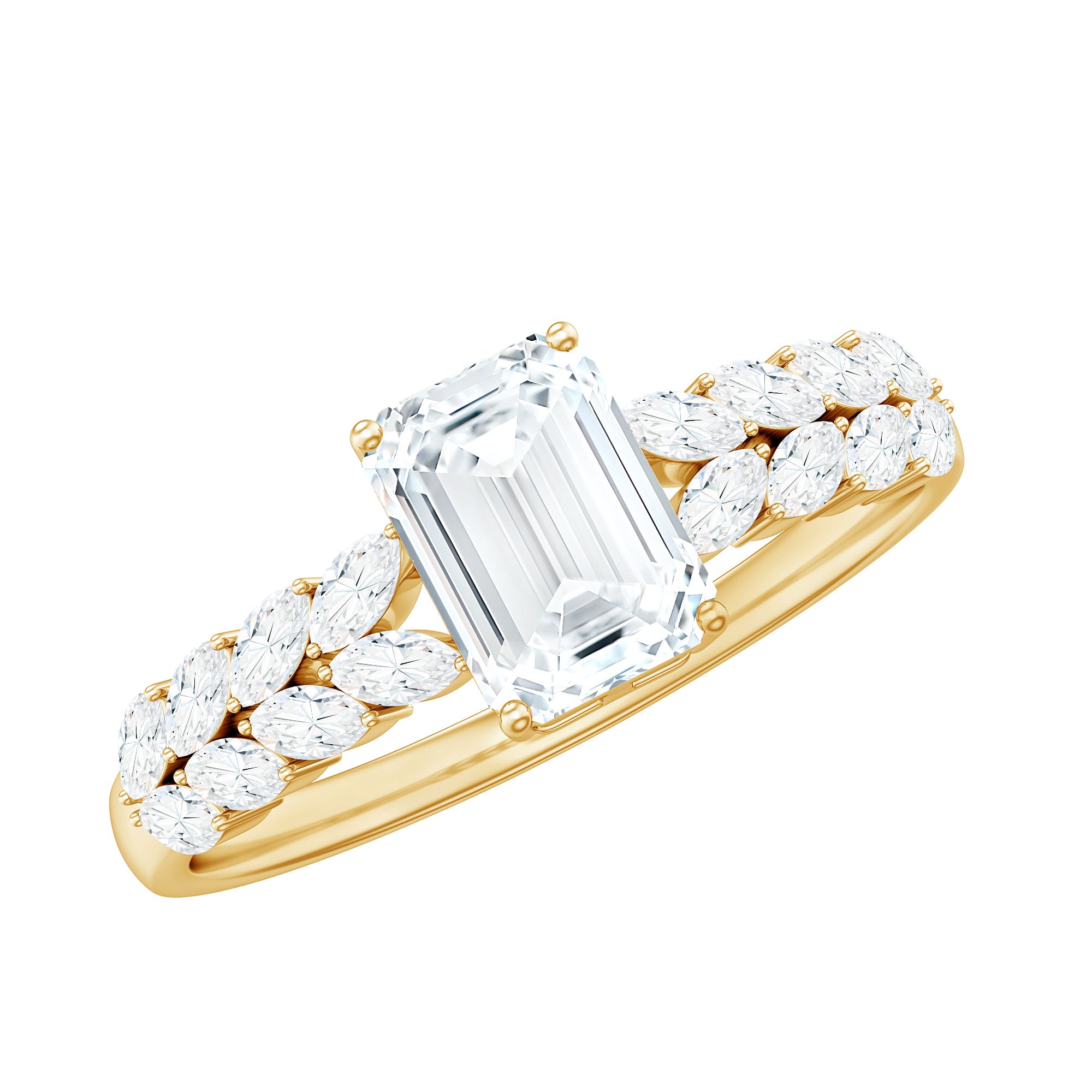 Certified Moissanite Emerald Cut Engagement Ring with Side Stones D-VS1 - Rosec Jewels