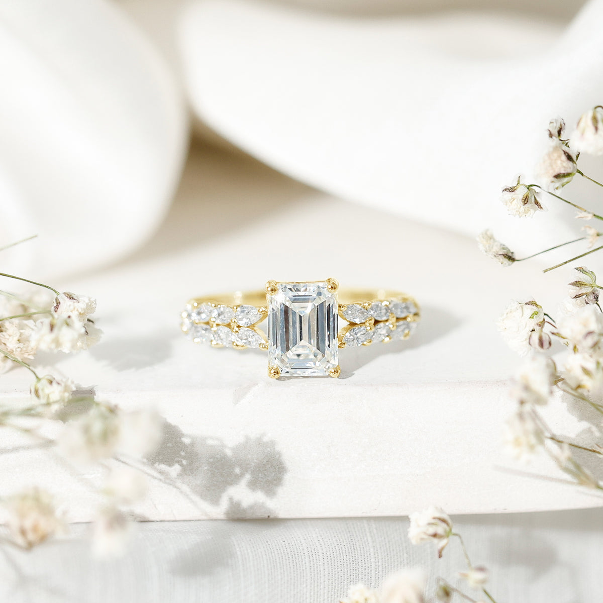 Certified Moissanite Emerald Cut Engagement Ring with Side Stones D-VS1 - Rosec Jewels