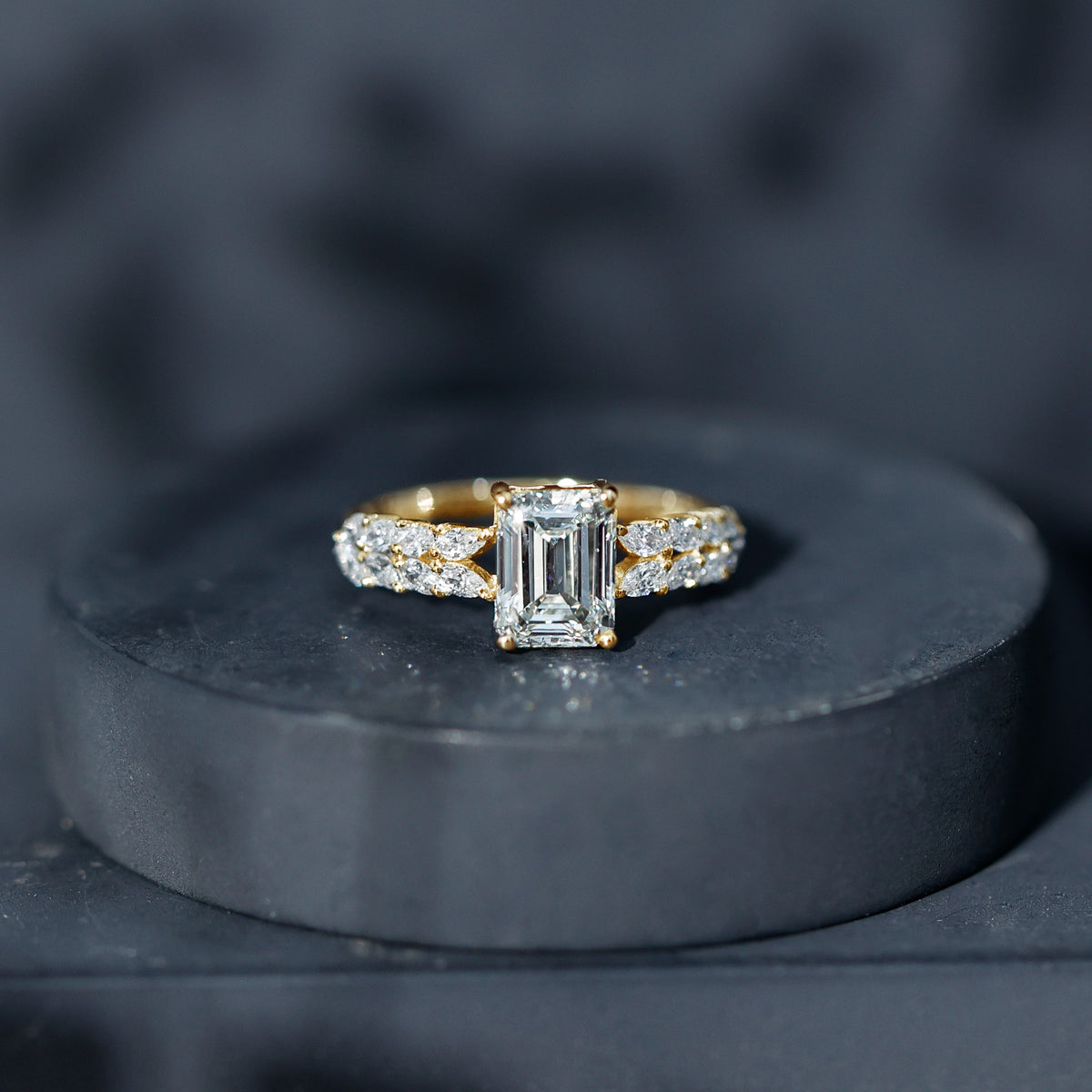 Certified Moissanite Emerald Cut Engagement Ring with Side Stones D-VS1 - Rosec Jewels