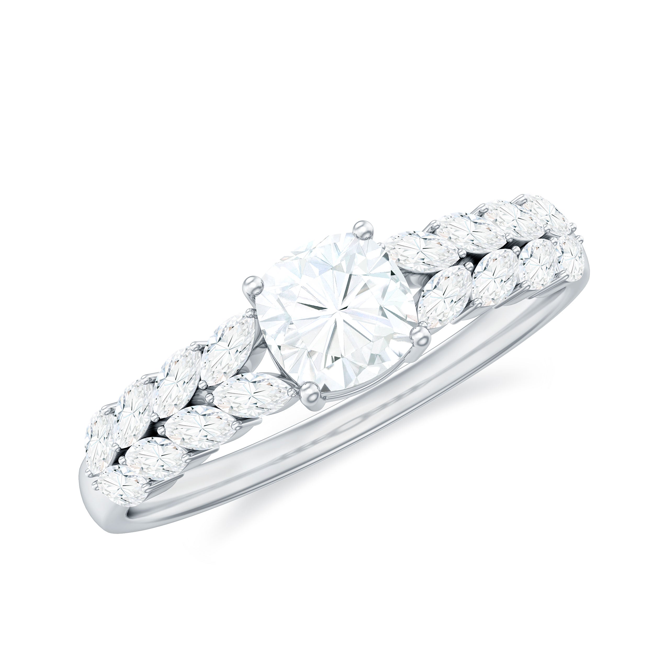 Cushion Cut Moissanite Solitaire Engagement Ring with Side Stones