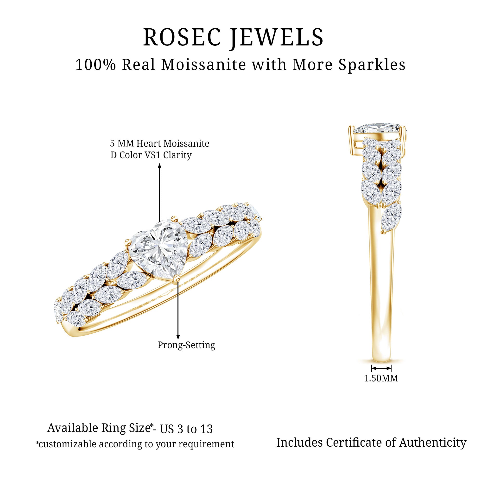 Heart Shape Moissanite Engagement Ring with Side Stones D-VS1 - Rosec Jewels