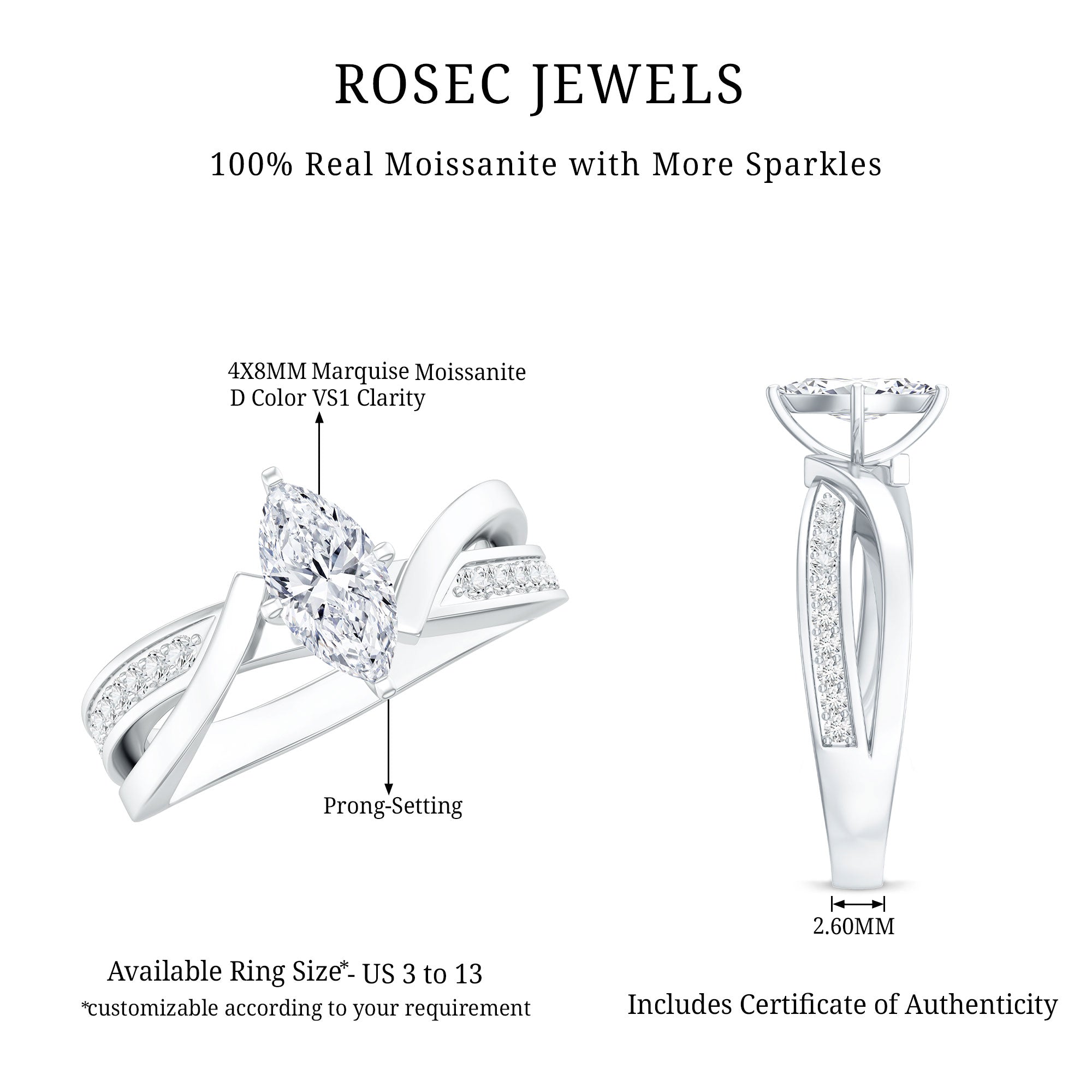 Certified Moissanite Marquise Cut Engagement Ring For Women D-VS1 - Rosec Jewels