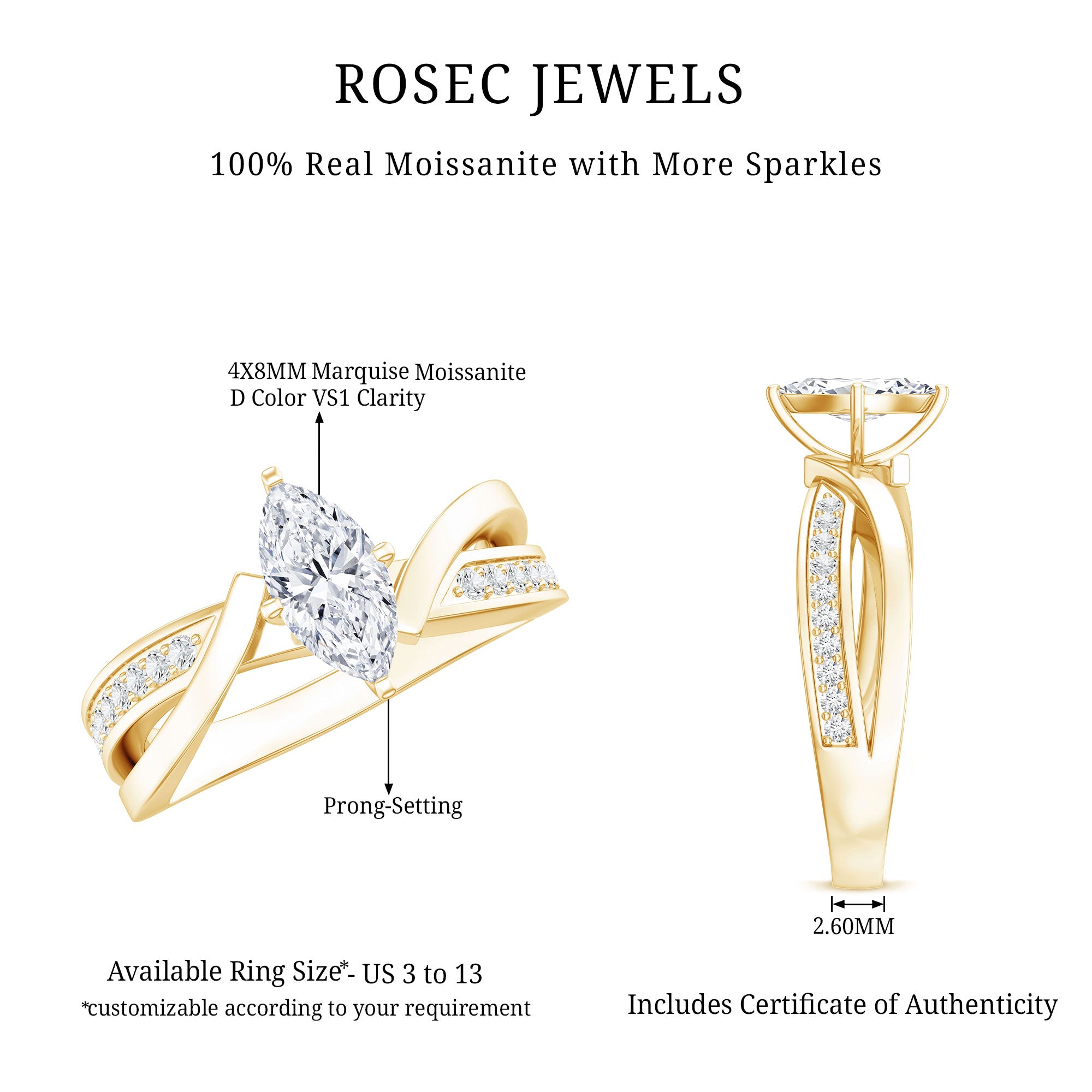 Certified Moissanite Marquise Cut Engagement Ring For Women D-VS1 - Rosec Jewels