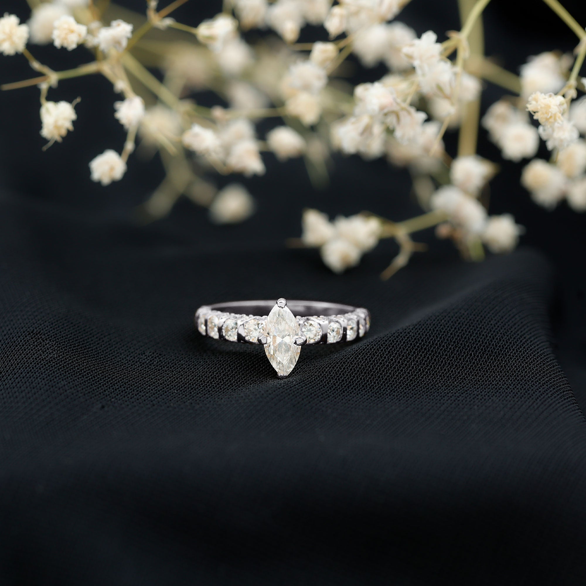 Rosec Jewels-Marquise Moissanite Solitaire Engagement Ring with Side Stones