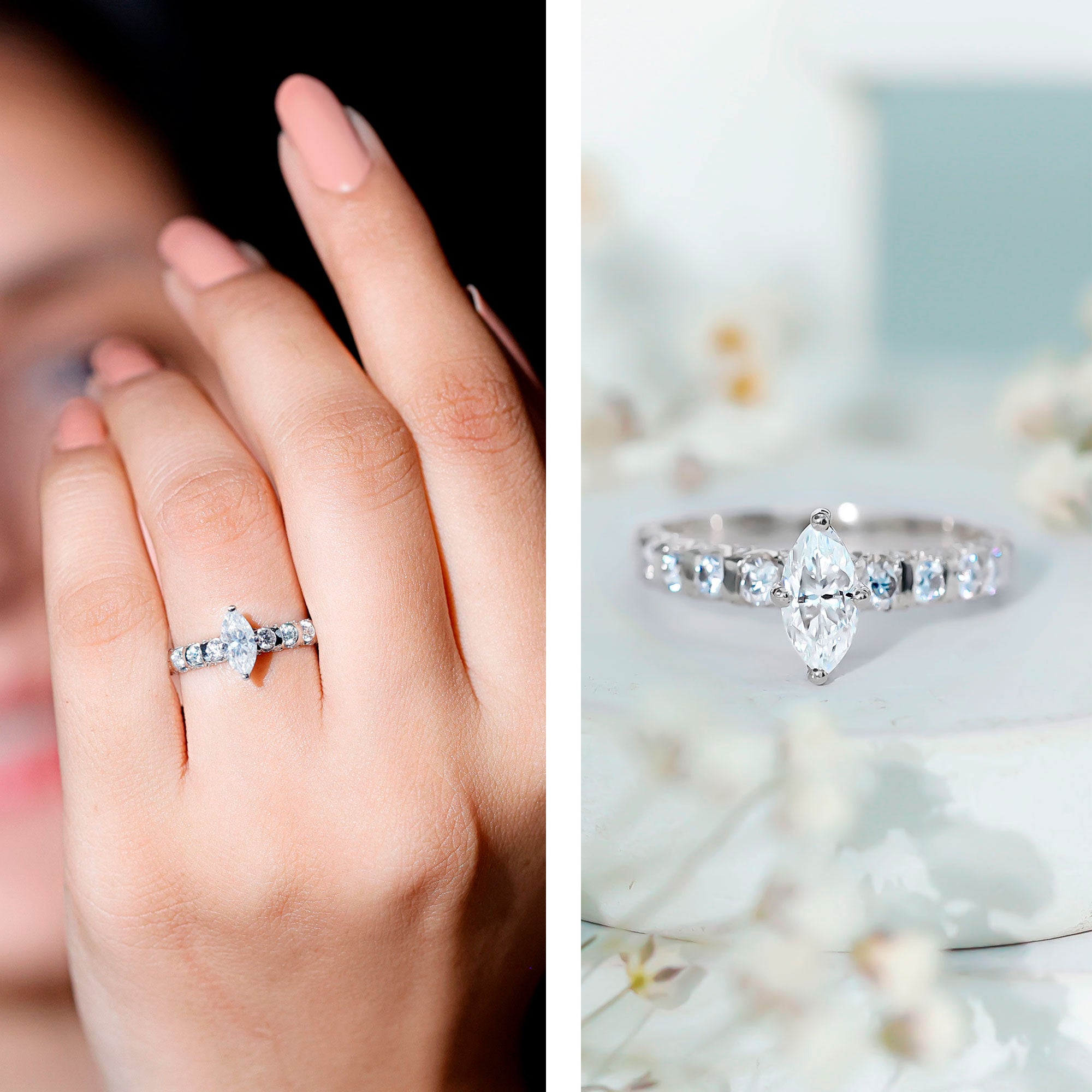 Rosec Jewels-Marquise Moissanite Solitaire Engagement Ring with Side Stones