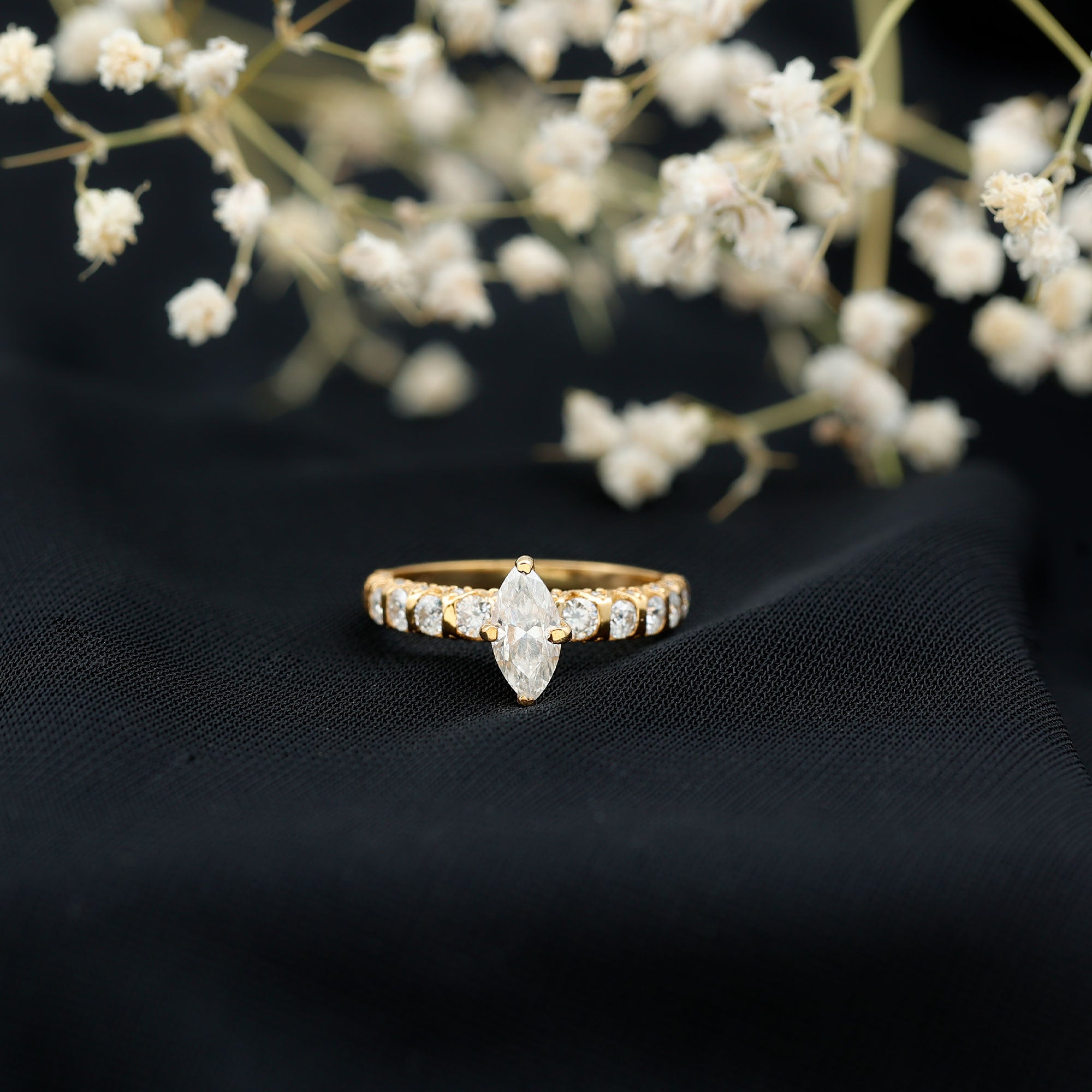 Rosec Jewels-Marquise Moissanite Solitaire Engagement Ring with Side Stones