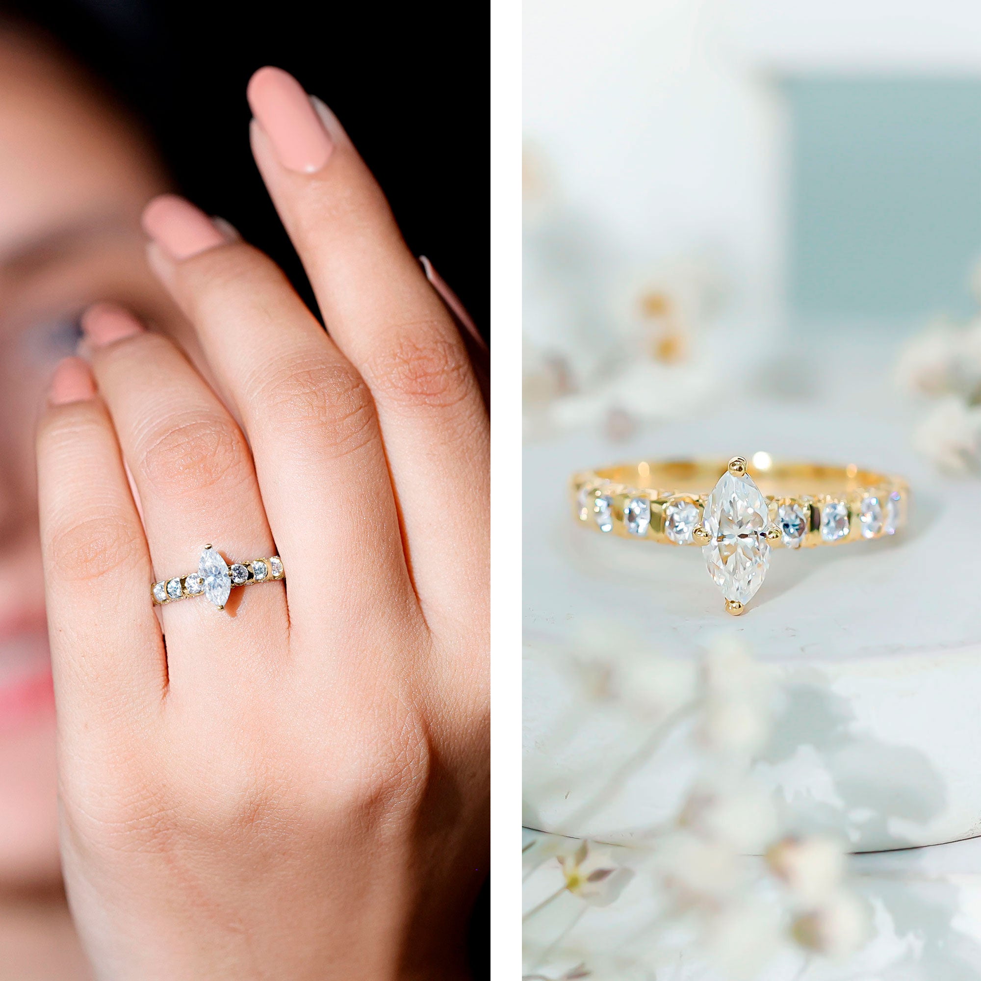 Rosec Jewels-Marquise Moissanite Solitaire Engagement Ring with Side Stones