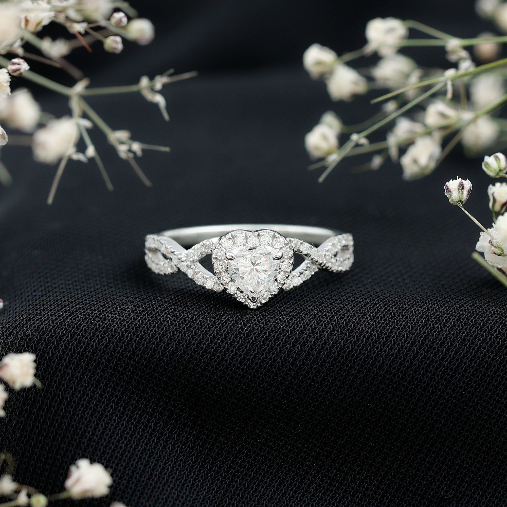 Heart Shape Moissanite Halo Engagement Ring with Infinity Band D-VS1 - Rosec Jewels