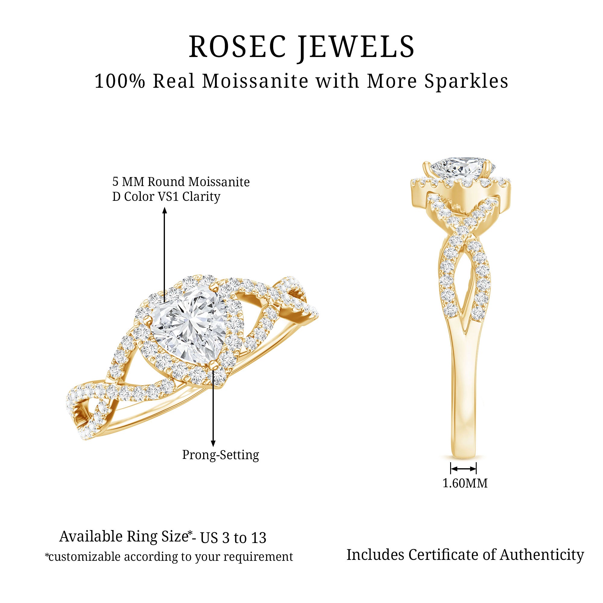 Heart Shape Moissanite Halo Engagement Ring with Infinity Band D-VS1 - Rosec Jewels