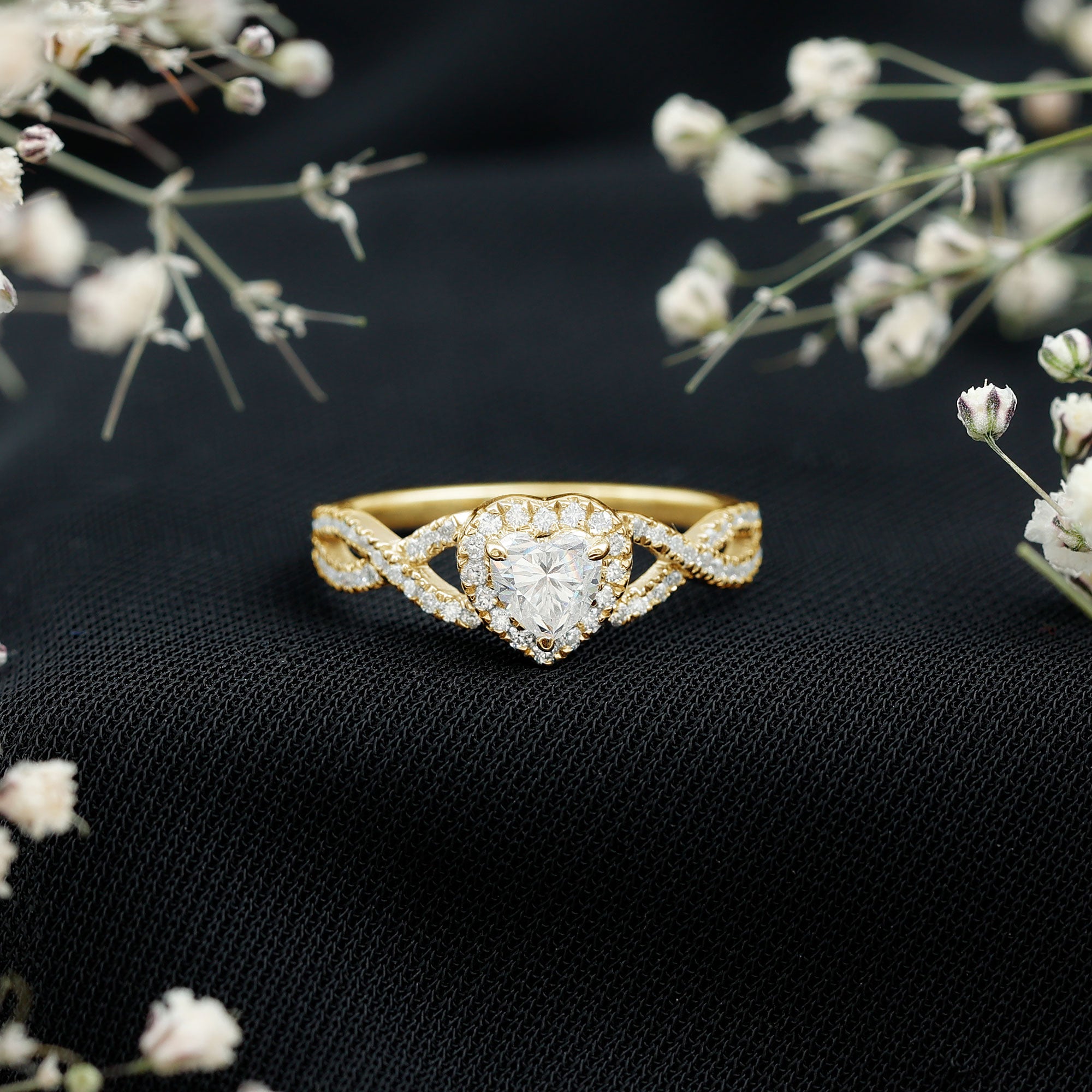 Heart Shape Moissanite Halo Engagement Ring with Infinity Band D-VS1 - Rosec Jewels