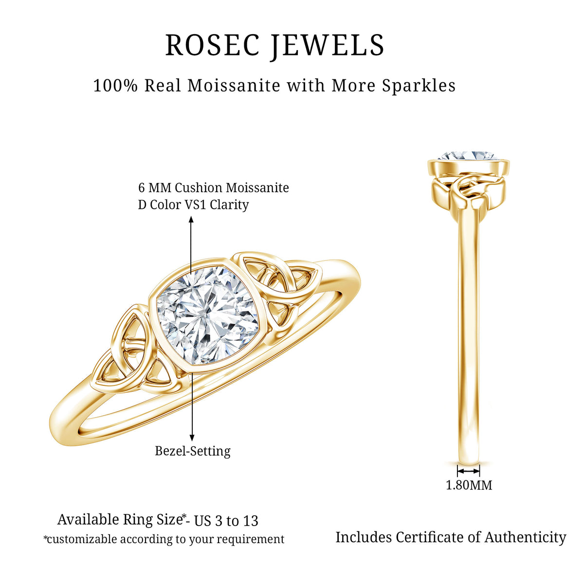 Brilliant Cut Moissanite Celtic Knot Engagement Ring in Bezel Setting D-VS1 - Rosec Jewels