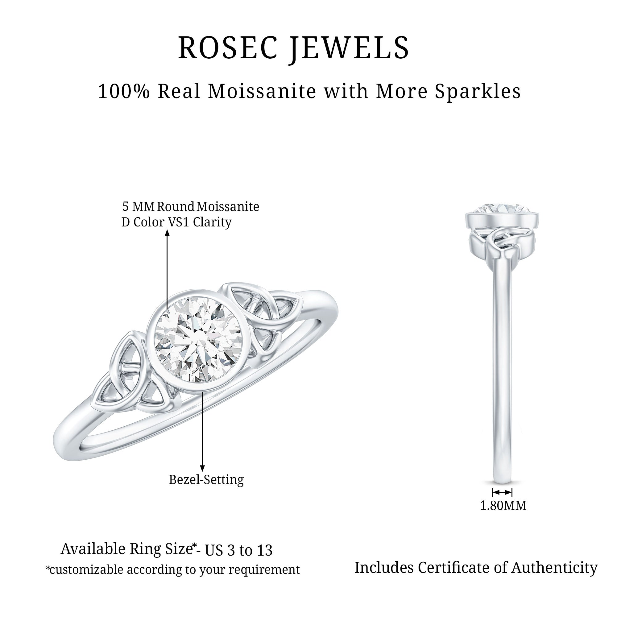 Bezel Set Moissanite Promise Ring with Celtic Knot Details D-VS1 - Rosec Jewels