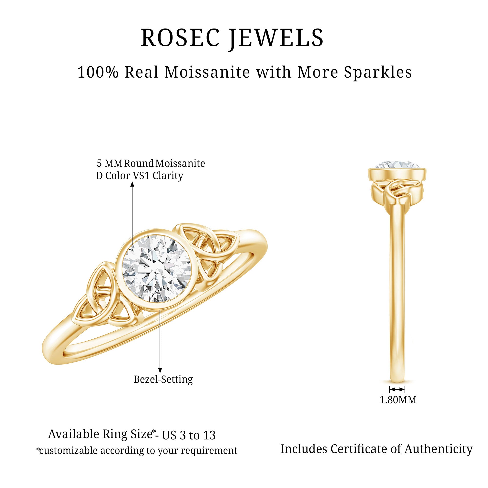 Bezel Set Moissanite Promise Ring with Celtic Knot Details D-VS1 - Rosec Jewels
