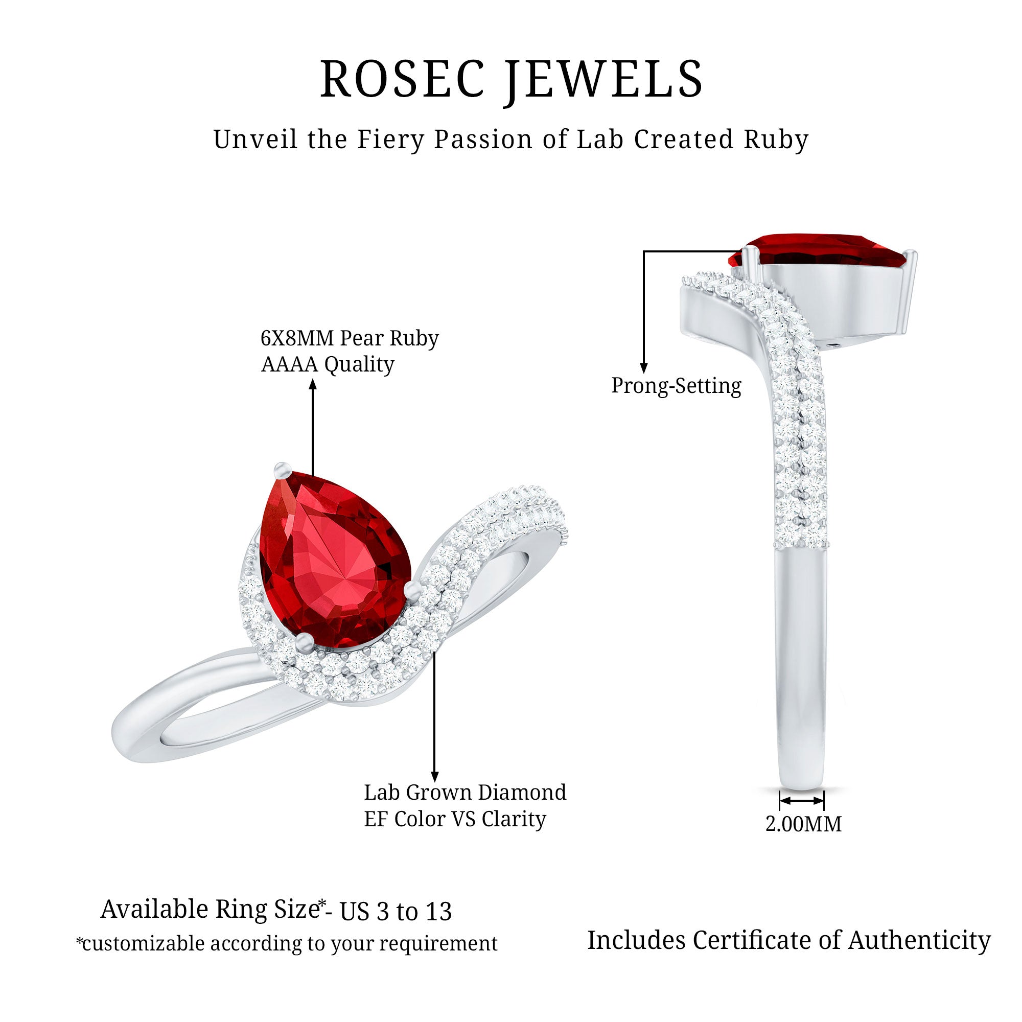 Rosec Jewels-Pear Shaped Lab Created Ruby and Diamond Designer Engagement Ring