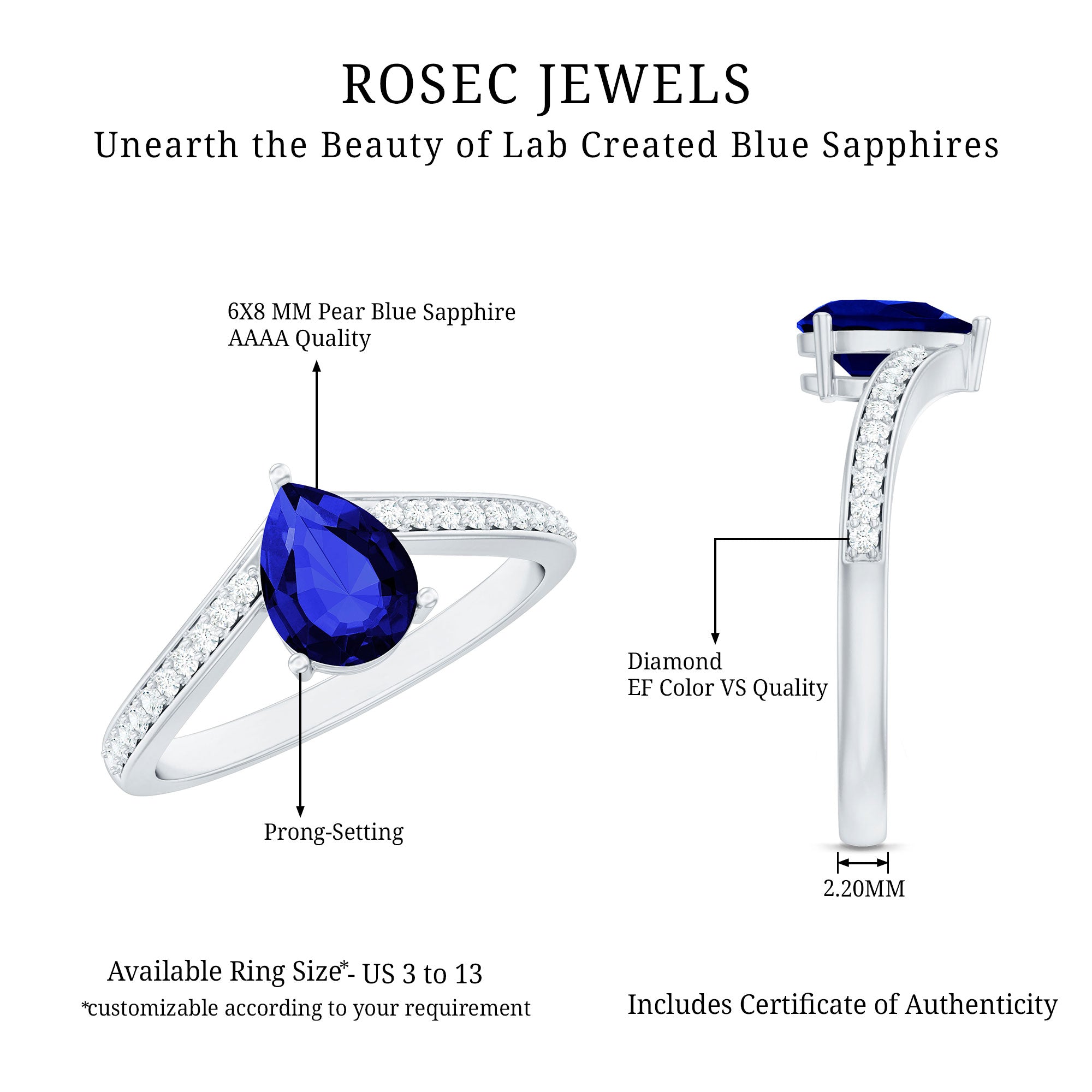 Certified 1.6 Carat Pear Shape Lab Grown Blue Sapphire Chevron Engagement Ring with Diamond AAAA - Rosec Jewels