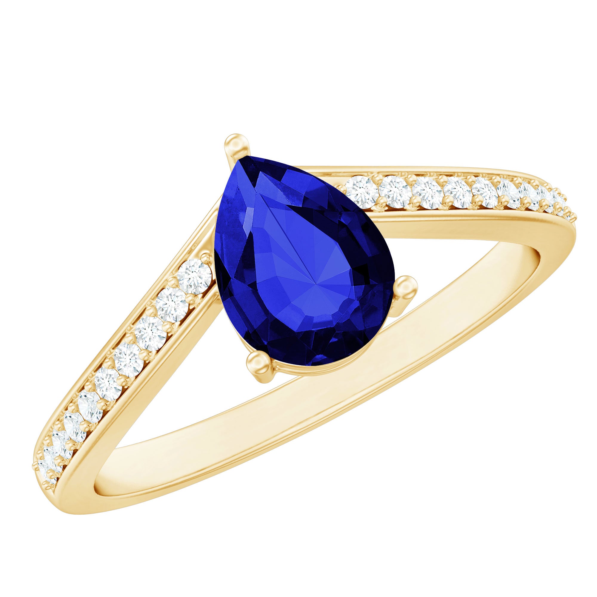 Certified 1.6 Carat Pear Shape Lab Grown Blue Sapphire Chevron Engagement Ring with Diamond AAAA - Rosec Jewels
