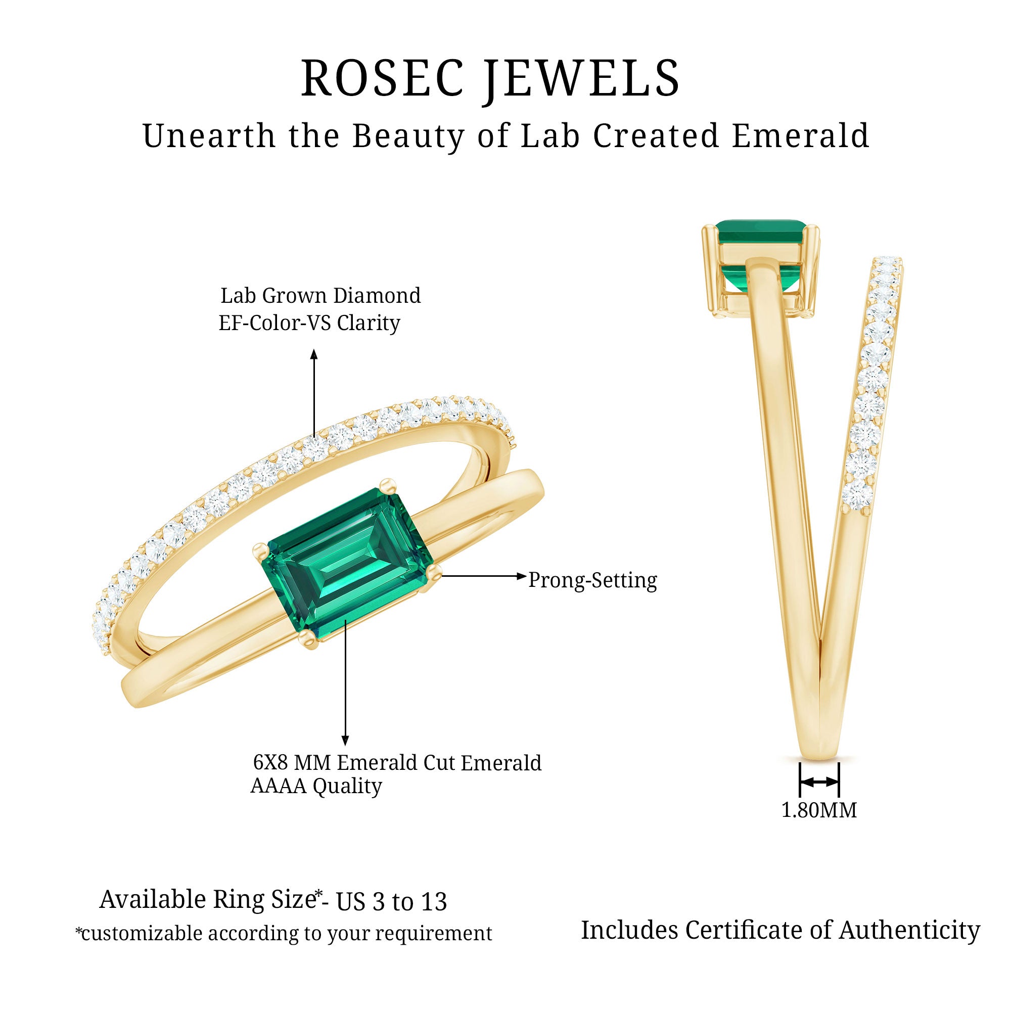 Rosec Jewels-Certified Lab Grown Emerald East West Engagement Ring
