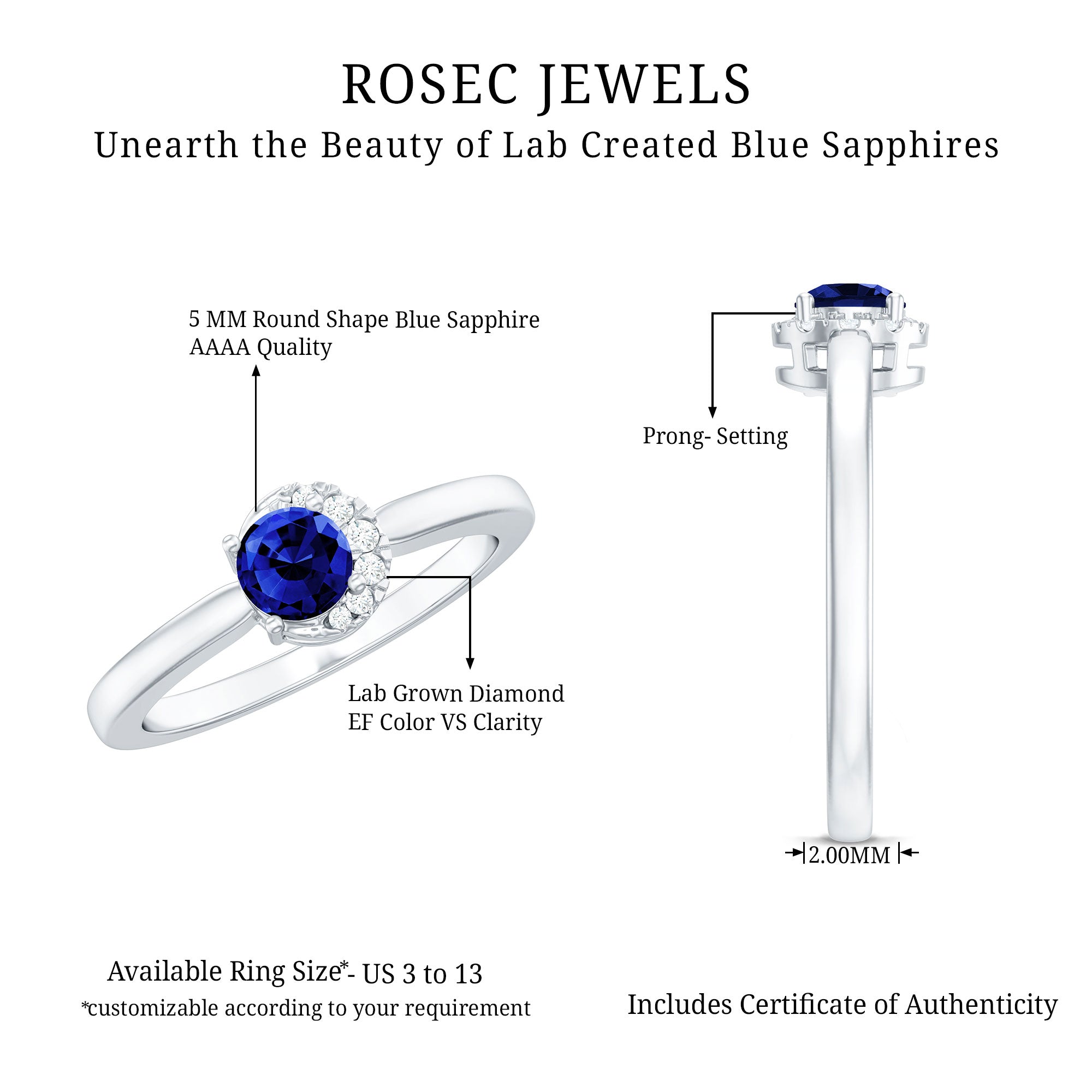 Certified Lab Grown Blue Sapphire Diamond Promise Ring for Women AAAA - Rosec Jewels