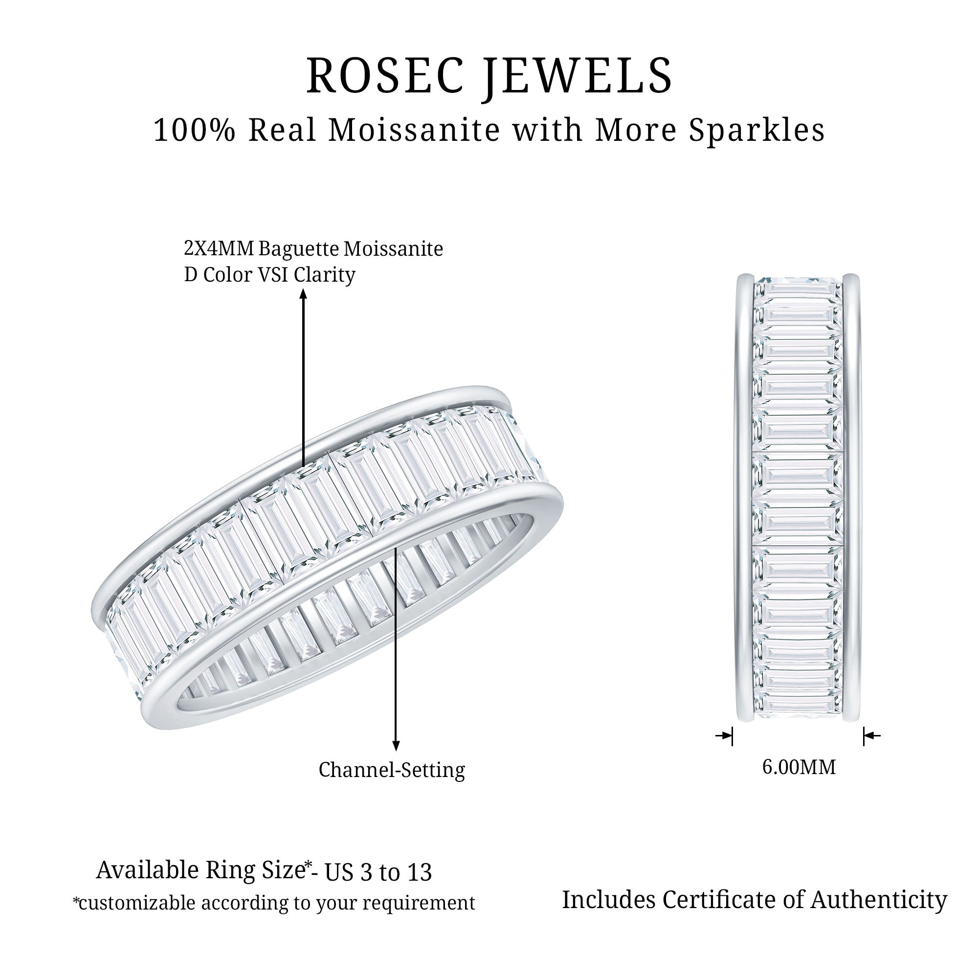 3.66 Carat Baguette Cut Moissanite Wedding Band Channel Setting D-VS1 - Rosec Jewels