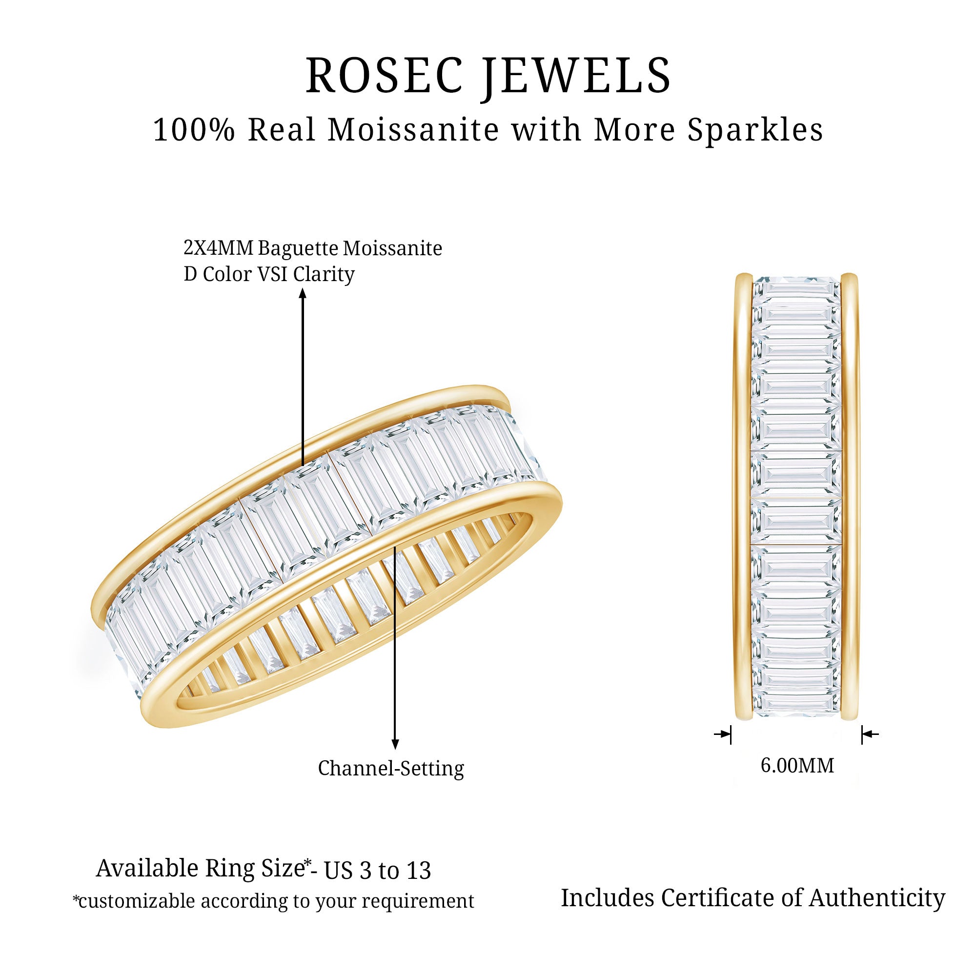 3.66 Carat Baguette Cut Moissanite Wedding Band Channel Setting D-VS1 - Rosec Jewels