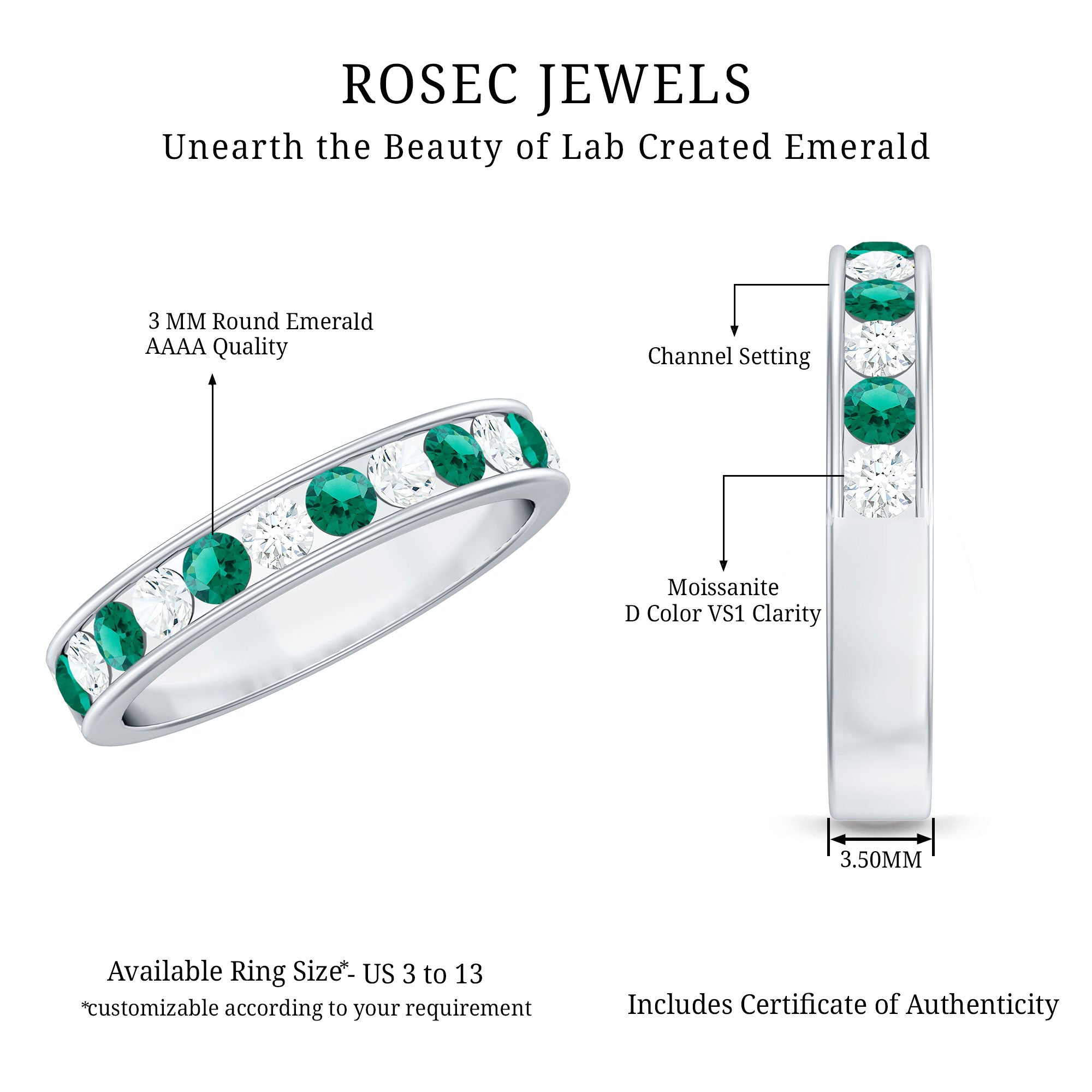 Certified Lab Grown Emerald Diamond Half Eternity Anniversary Band in Channel Setting AAAA - Rosec Jewels