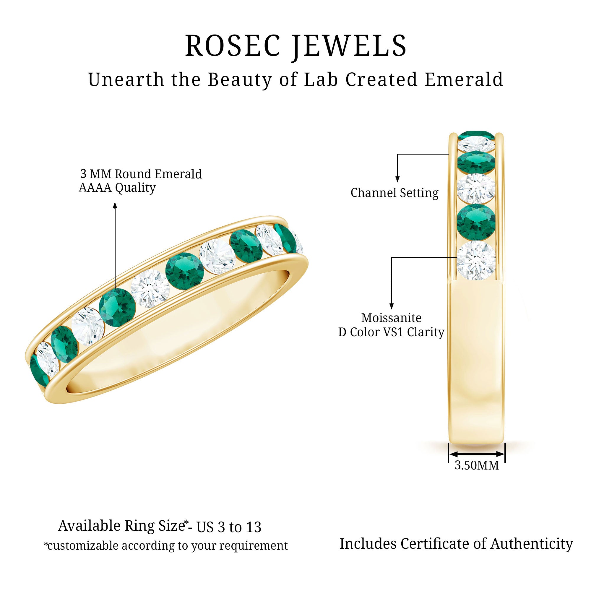 Certified Lab Grown Emerald Diamond Half Eternity Anniversary Band in Channel Setting AAAA - Rosec Jewels
