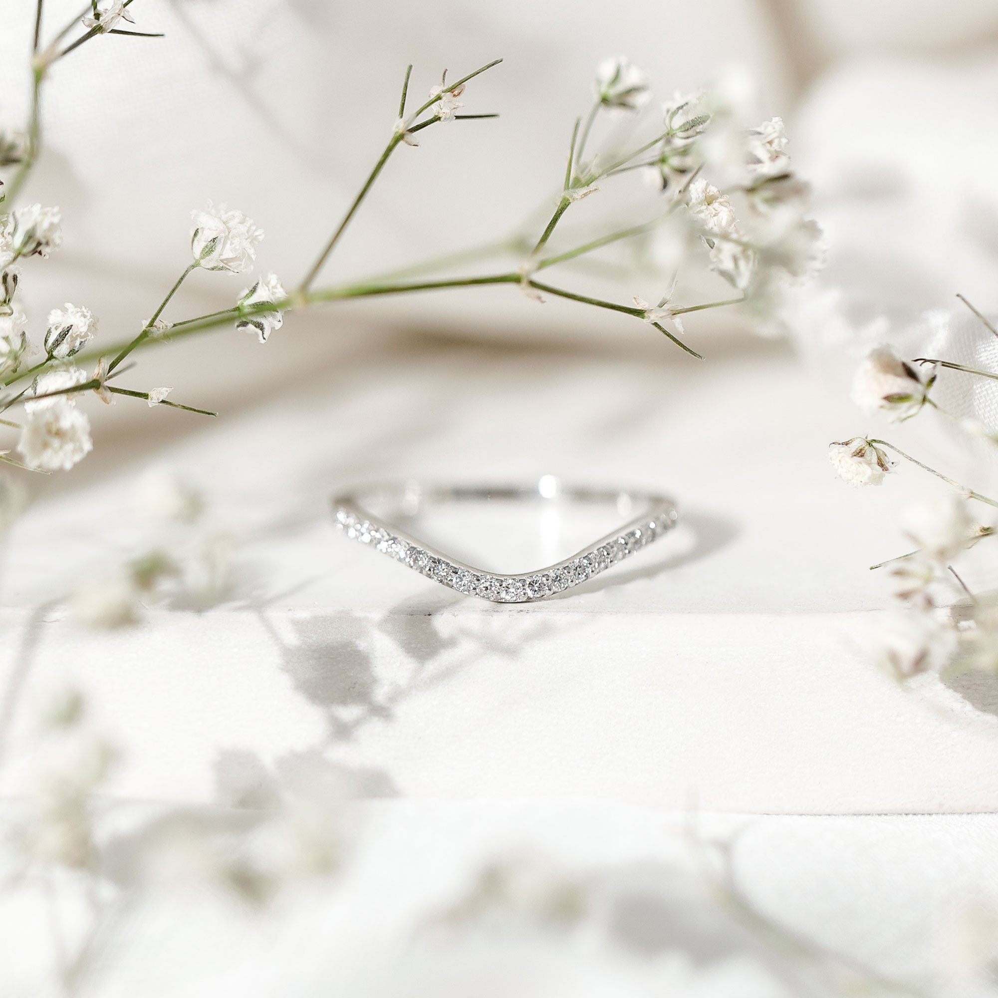 Curved Lab Grown Diamond Wedding Band – Chevron Pavé Contour Ring Lab - ( EF-VS ) 14K White Gold - Rosec Jewels