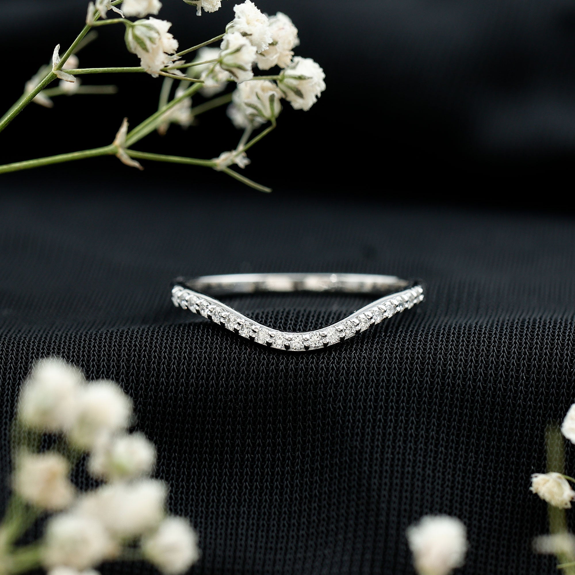 Curved Lab Grown Diamond Wedding Band – Chevron Pavé Contour Ring Lab - ( EF-VS ) 14K White Gold - Rosec Jewels