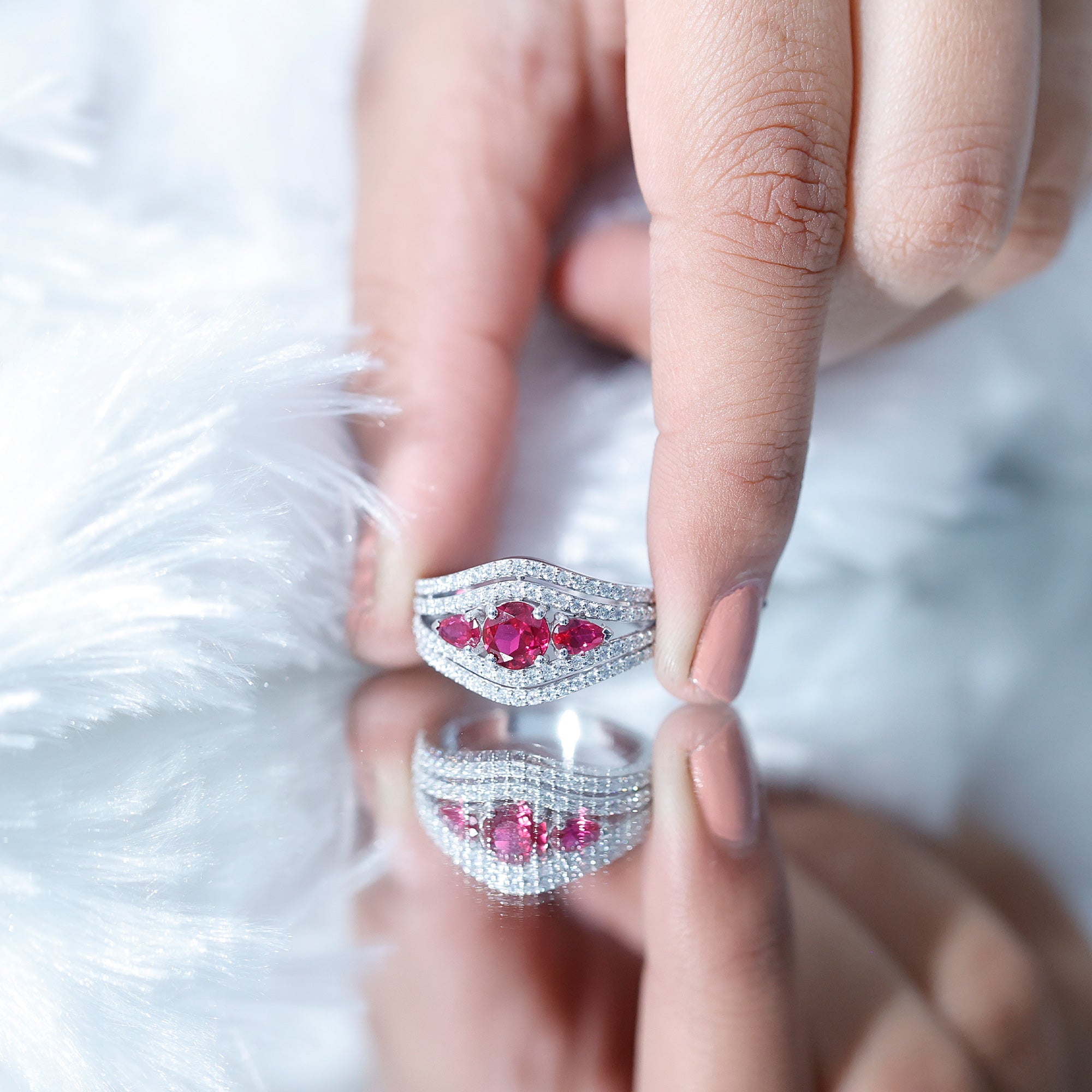 Designer Lab Created Ruby 3 Stone Engagement Ring With Moissanite AAAA - Rosec Jewels
