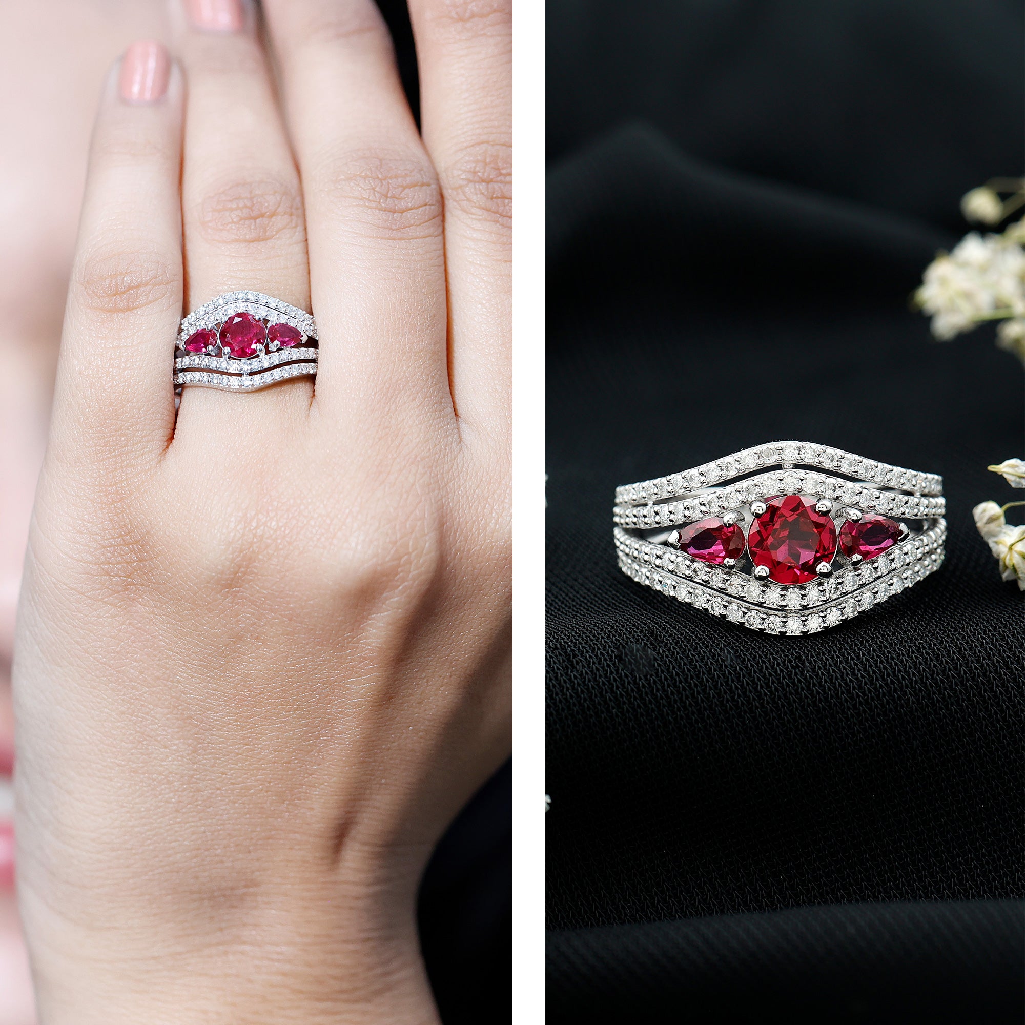 Rosec Jewels-Designer Lab Created Ruby 3 Stone Engagement Ring With Moissanite