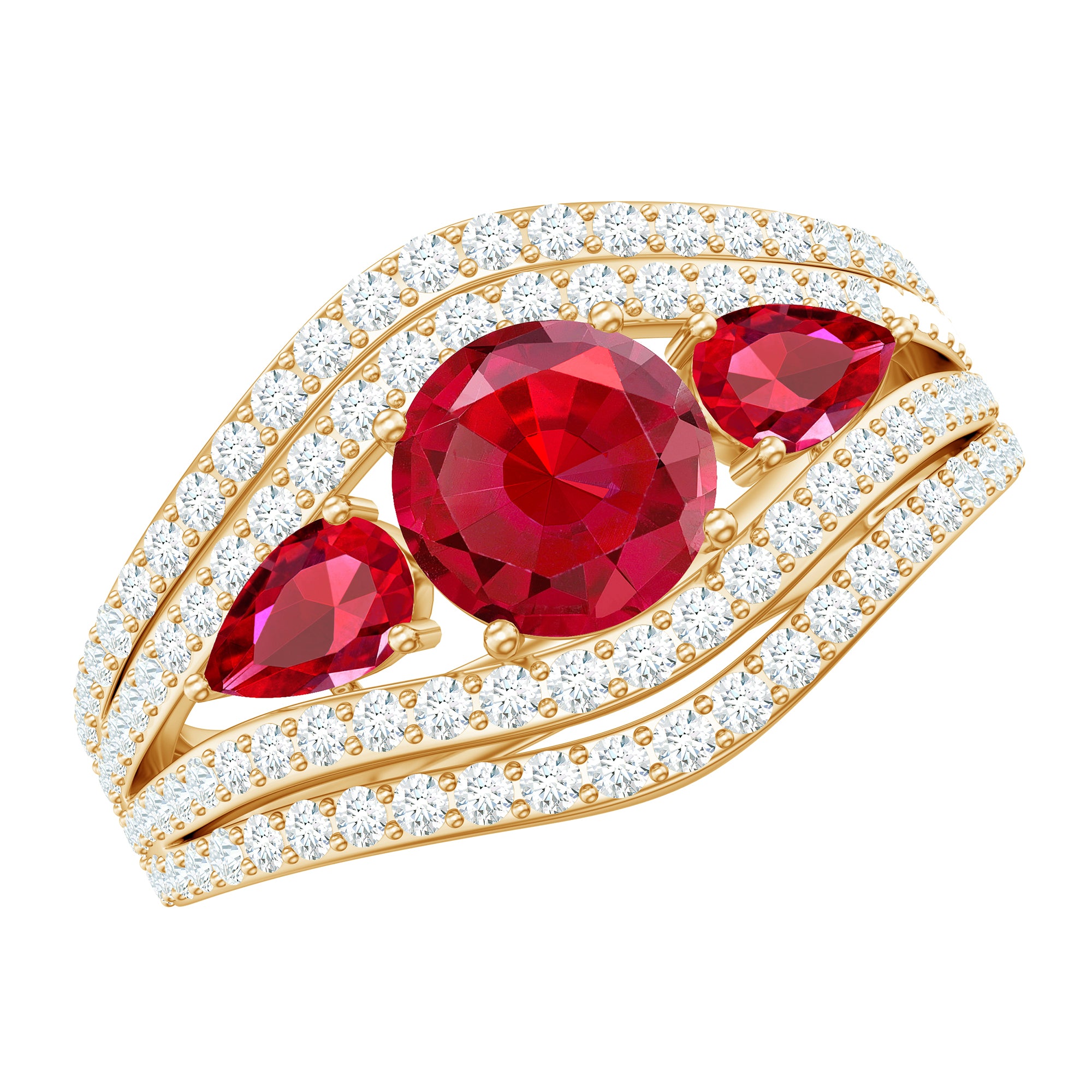 Rosec Jewels-Designer Lab Created Ruby 3 Stone Engagement Ring With Moissanite