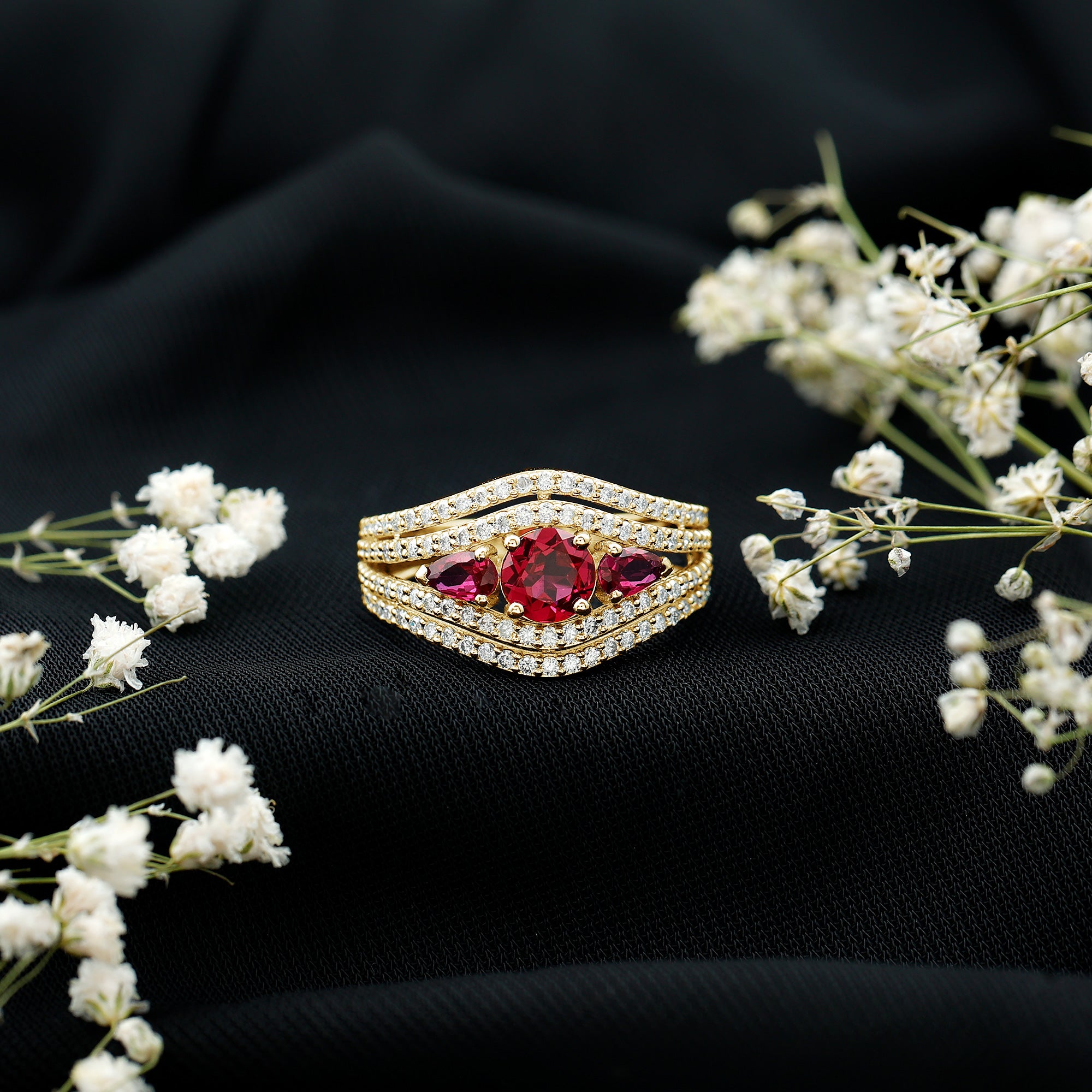Designer Lab Created Ruby 3 Stone Engagement Ring With Moissanite AAAA - Rosec Jewels
