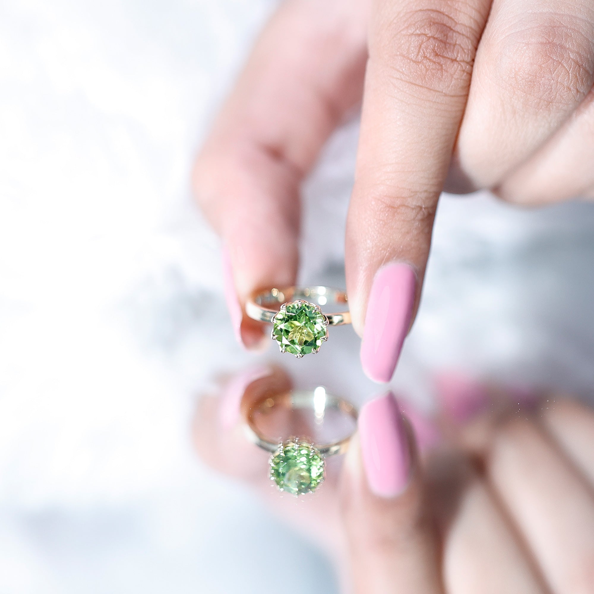 Genuine 2 Carat Peridot Engagement Ring in Lotus Basket Setting AAA - Rosec Jewels