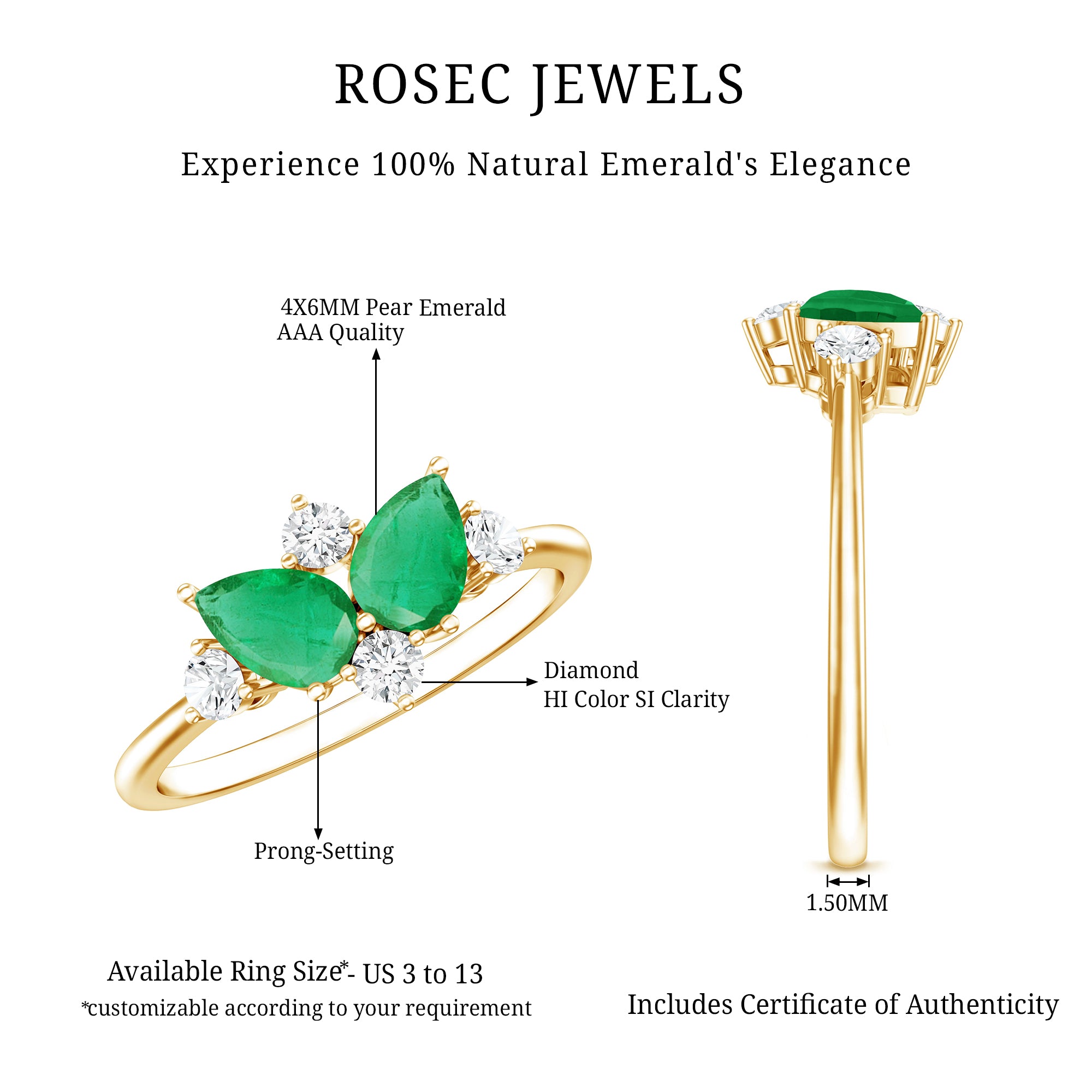 Natural Pear Shape Emerald Toi Et Moi Engagement Ring with Diamond AAA - Rosec Jewels