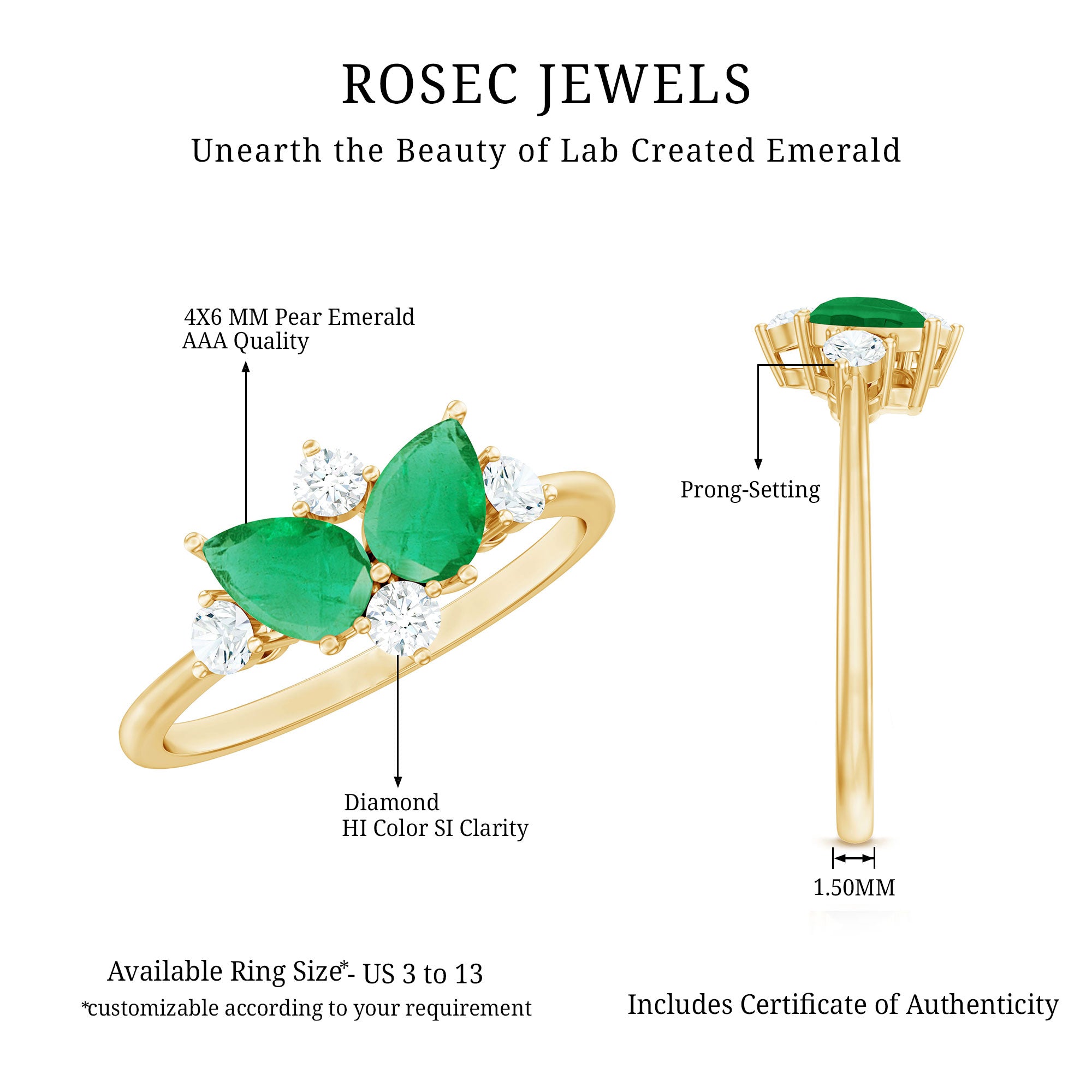 Natural Pear Shape Emerald Toi Et Moi Engagement Ring with Diamond AAA - Rosec Jewels