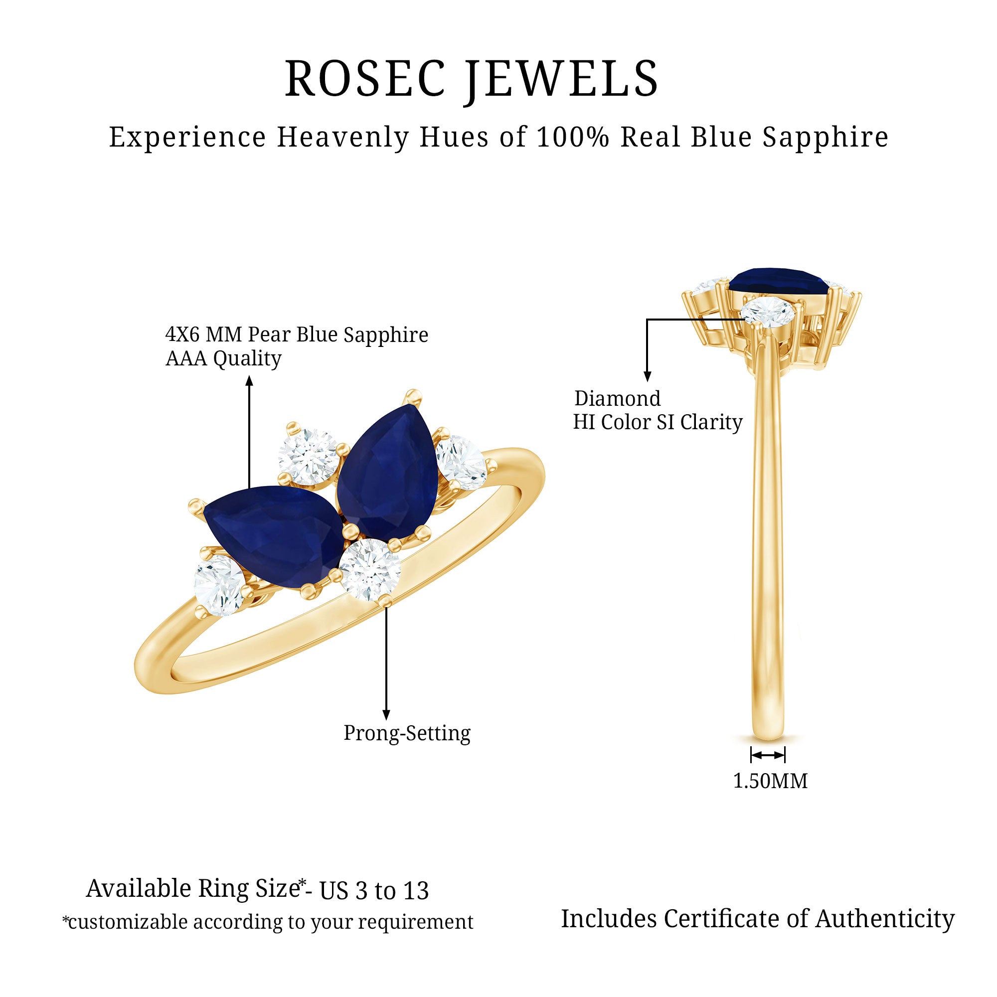 Genuine Blue Sapphire and Diamond Cluster Engagement Ring with Certificate AAA - Rosec Jewels