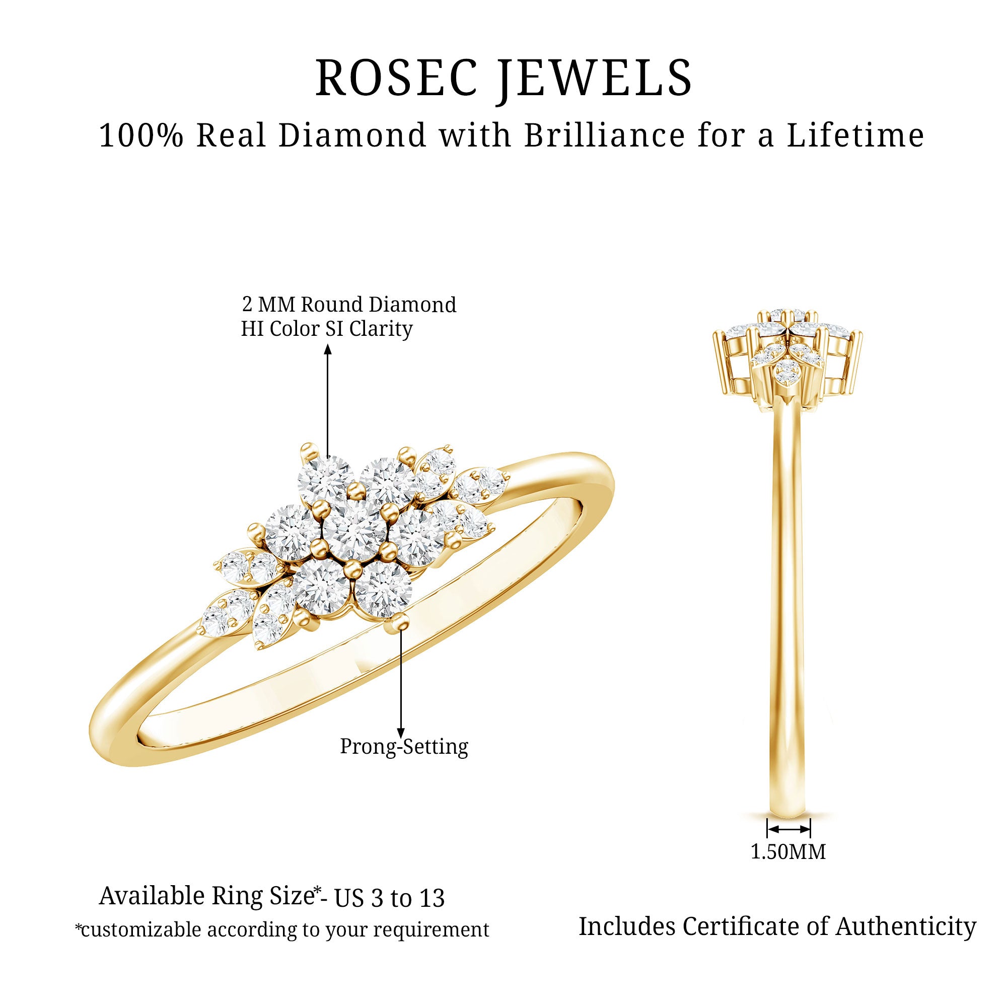 Certified Diamond Flower Promise Ring Natural - ( HI-SI ) - Rosec Jewels