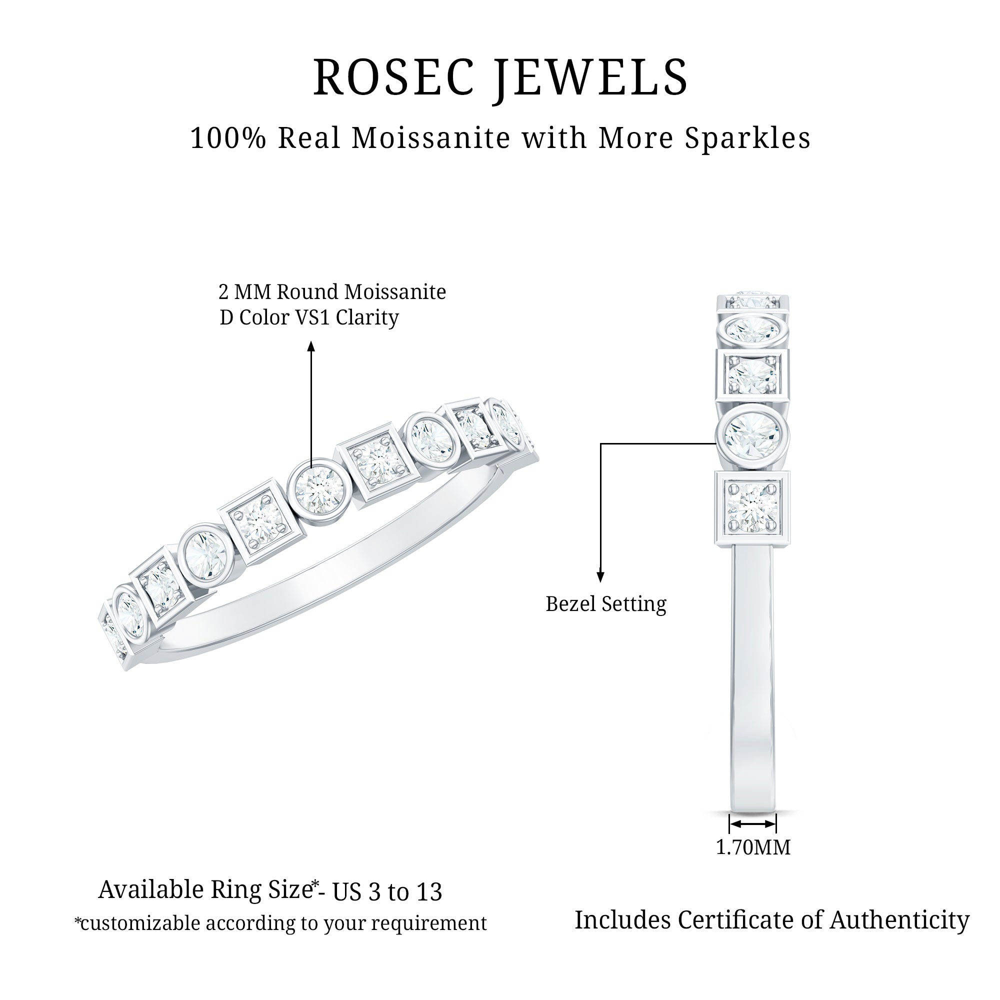 Certified Moissanite Geometric Wedding Band D-VS1 - Rosec Jewels