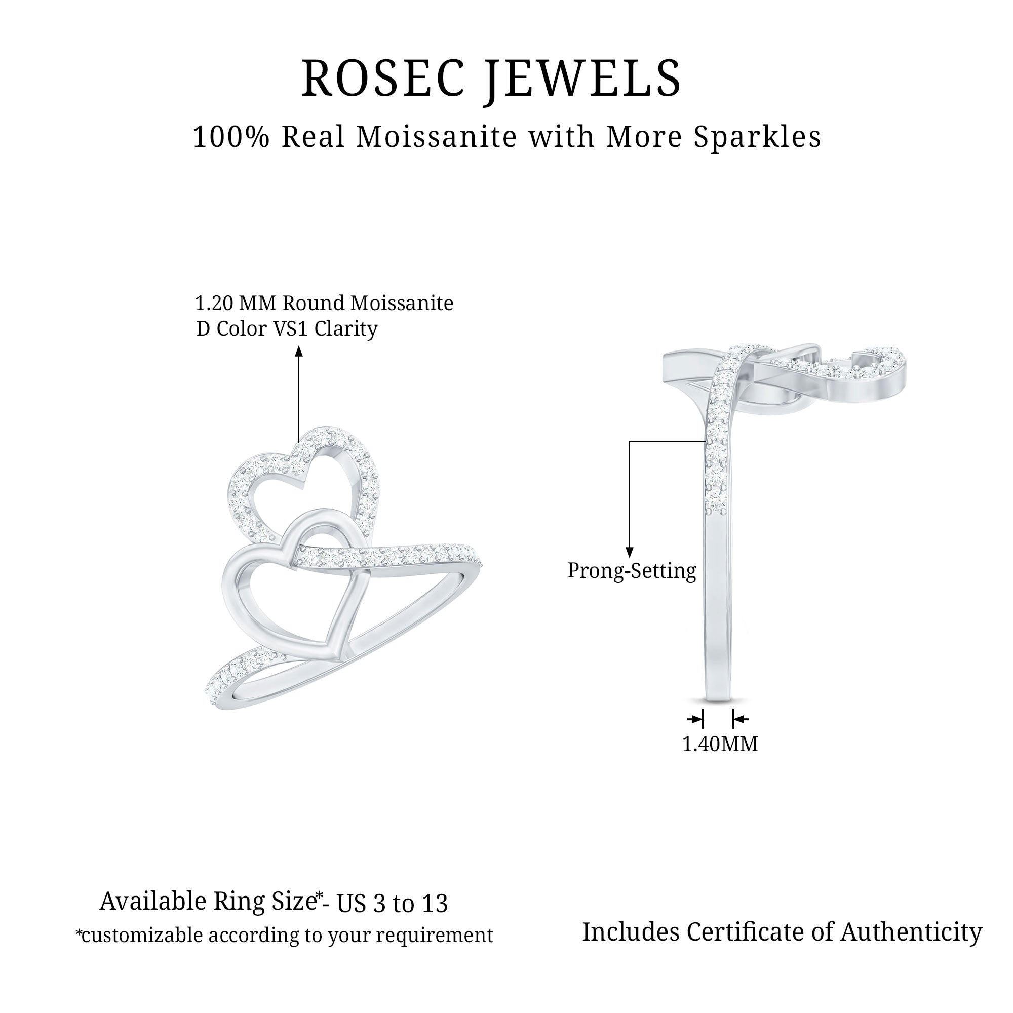 Certified Moissanite 2 Heart Promise Ring D-VS1 - Rosec Jewels